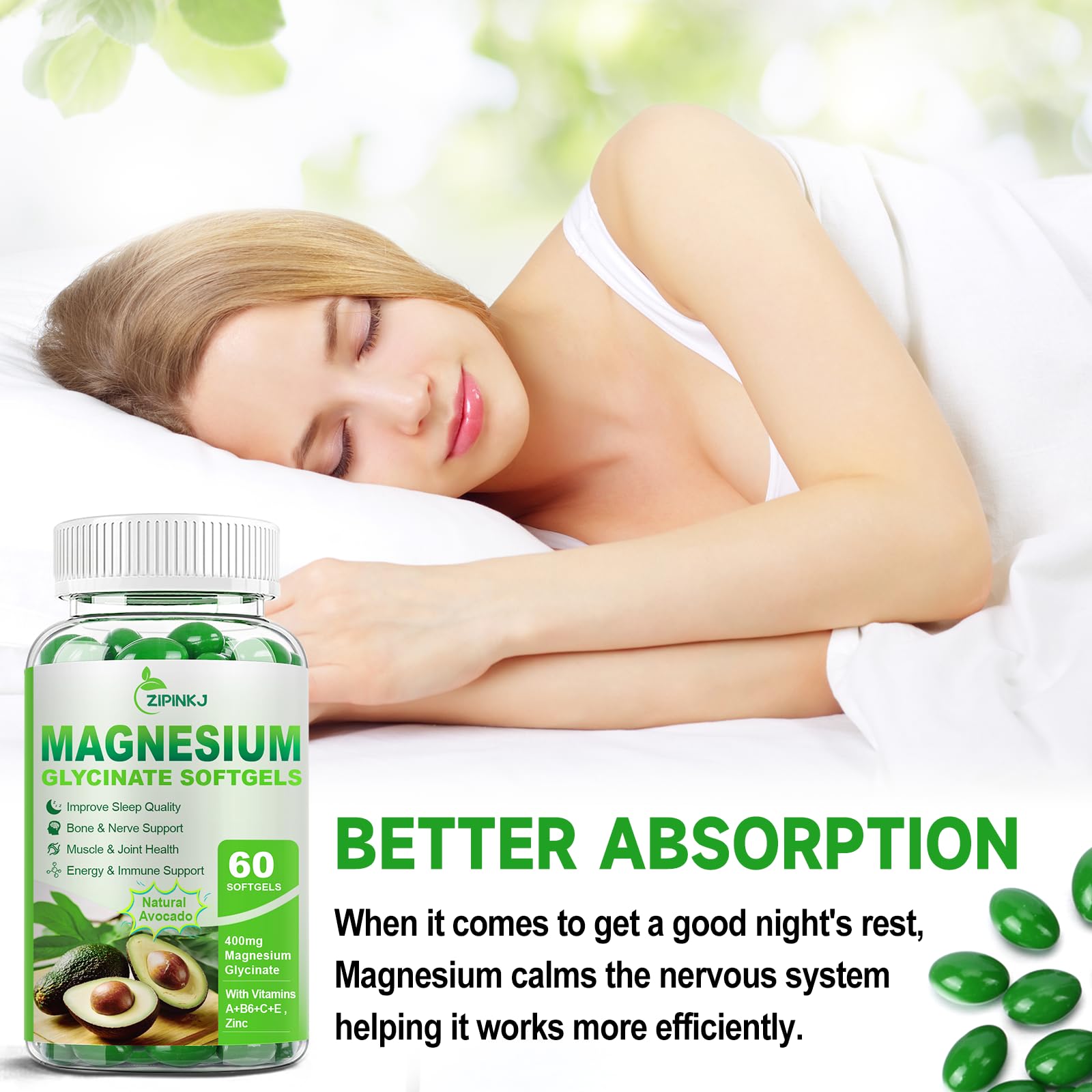 ZIPINKJ Magnesium Glycinate Softgels 400mg softgel close-up
