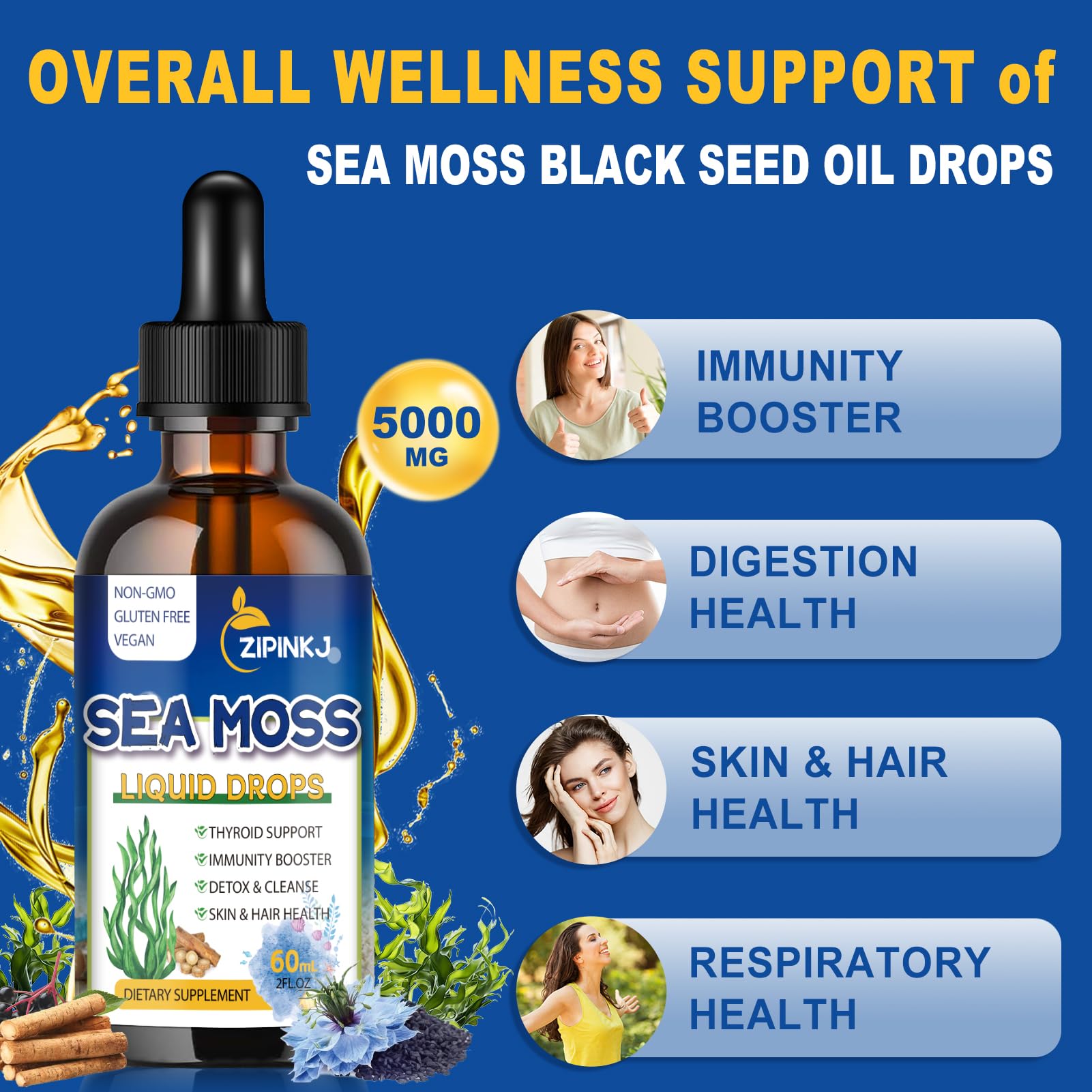 ZIPINKJ Sea Moss & Black Seed Oil Drops 141g with ingredients list