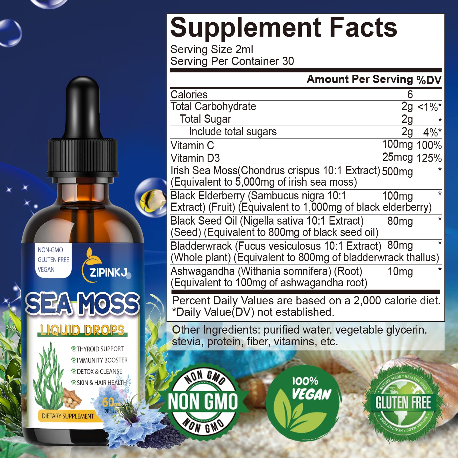 ZIPINKJ Sea Moss & Black Seed Oil Drops bottle back view