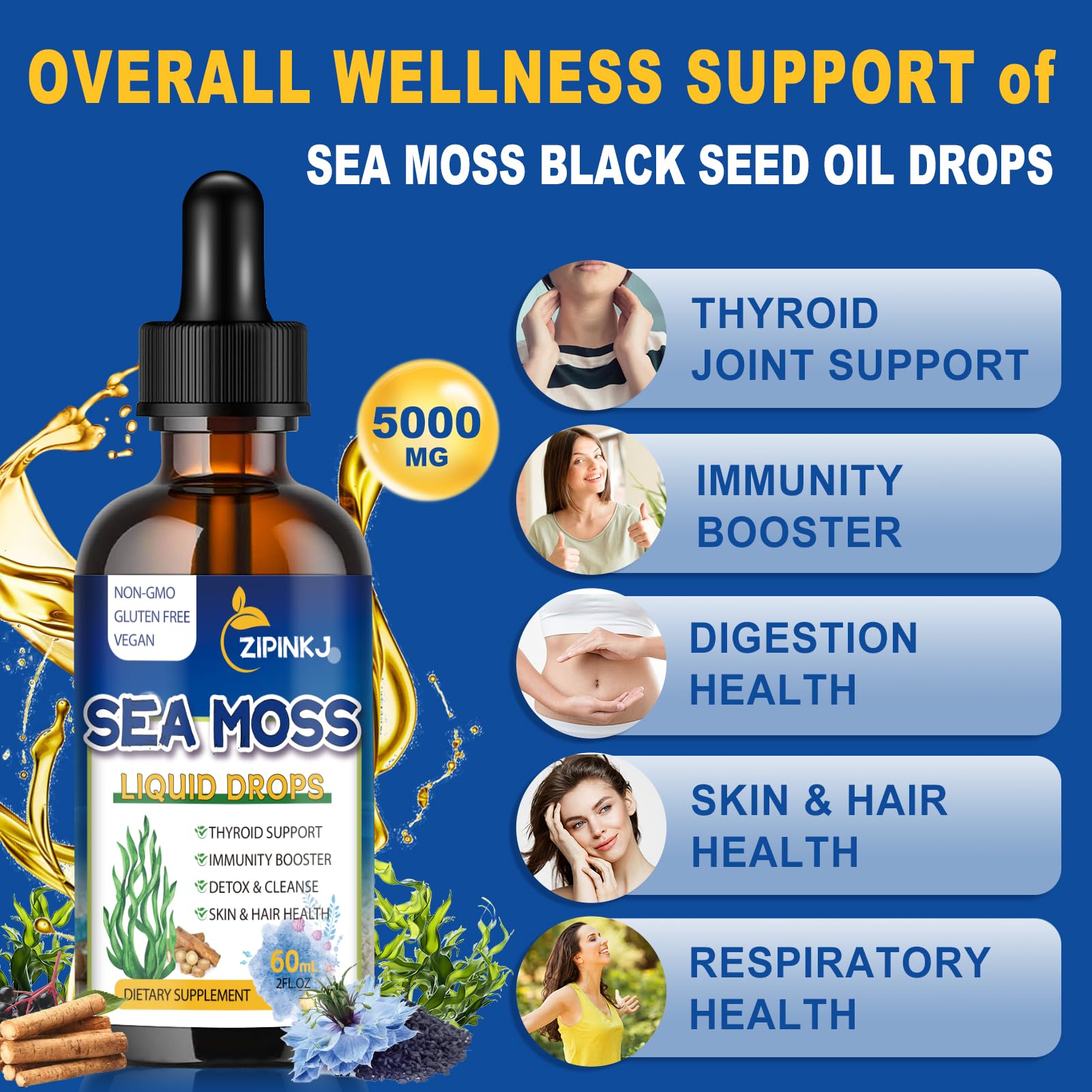 ZIPINKJ Sea Moss & Black Seed Oil Drops bottle side view