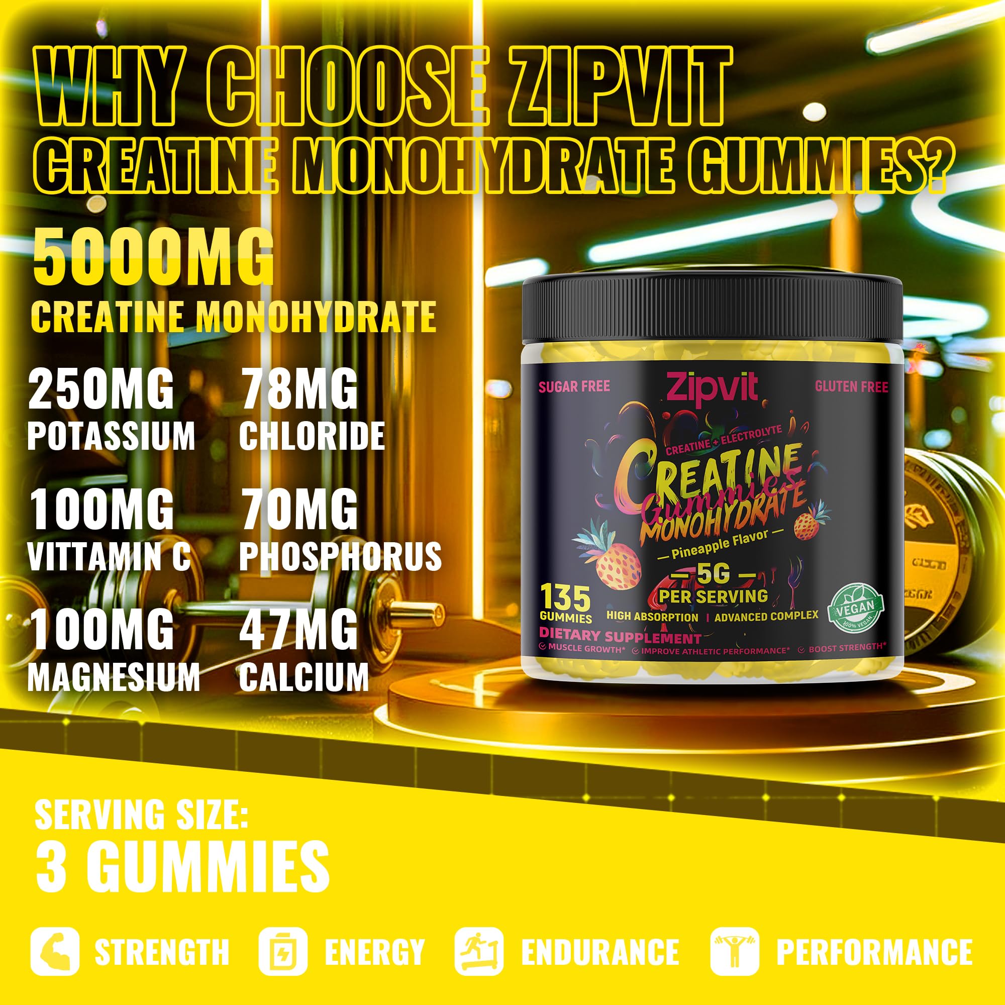 zipvit Creatine Monohydrate Gummies side view showing 135 count