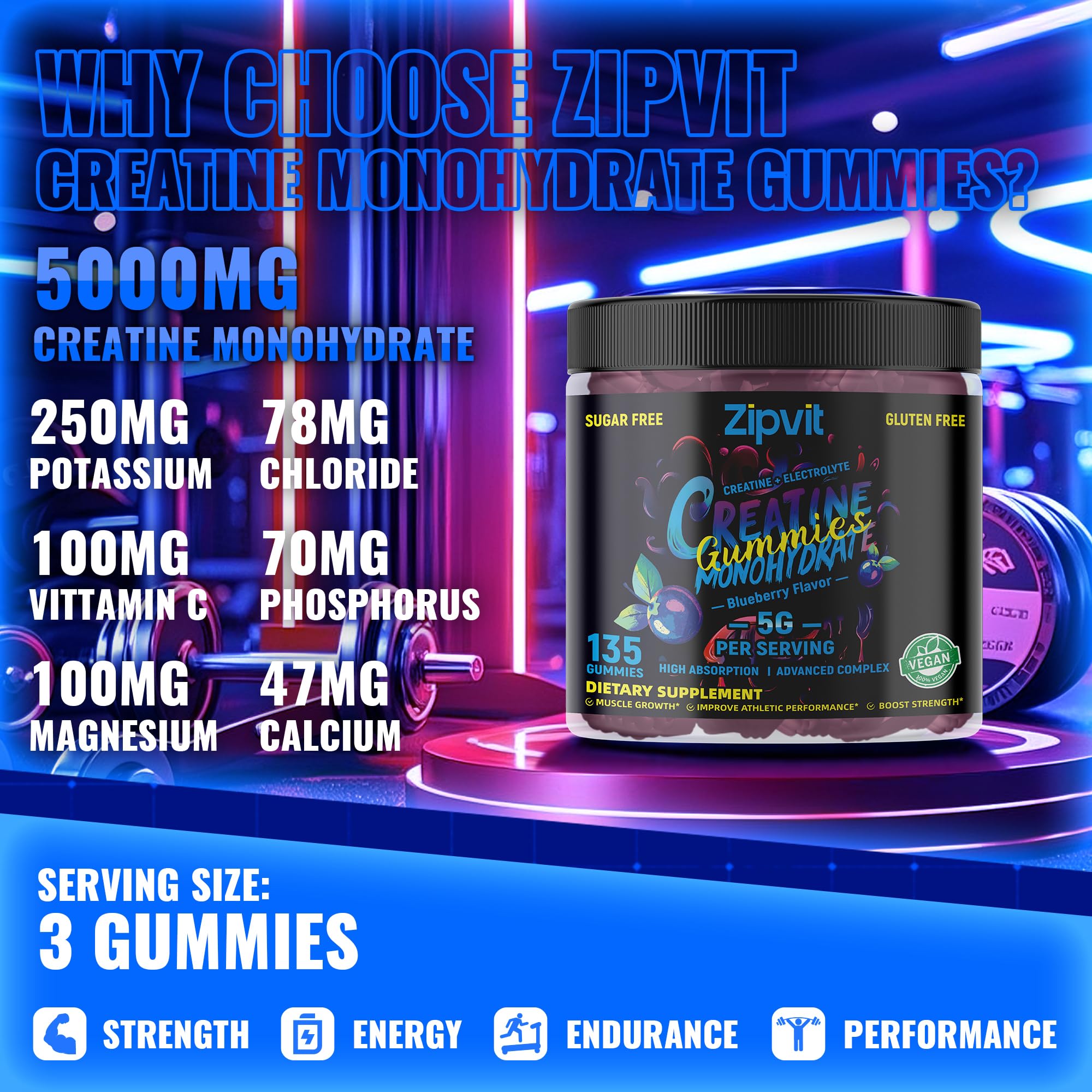 zipvit Creatine Monohydrate Gummies three gummies close-up