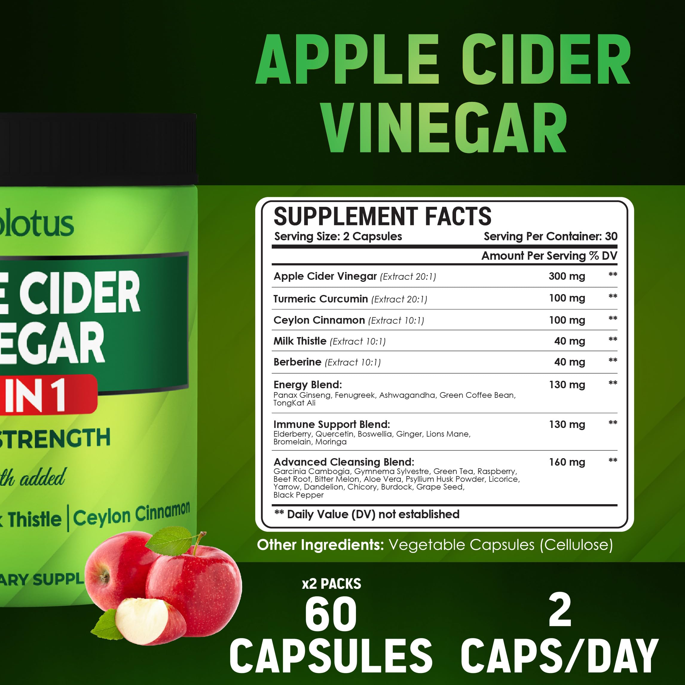 Zolotus Apple Cider Vinegar Capsules side view with ingredients