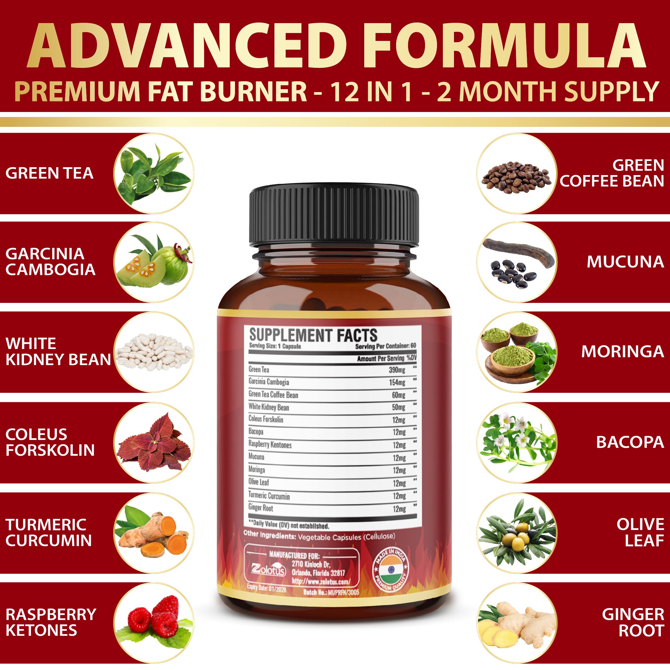 Zolotus Fat Burner Capsules close-up of ingredients list