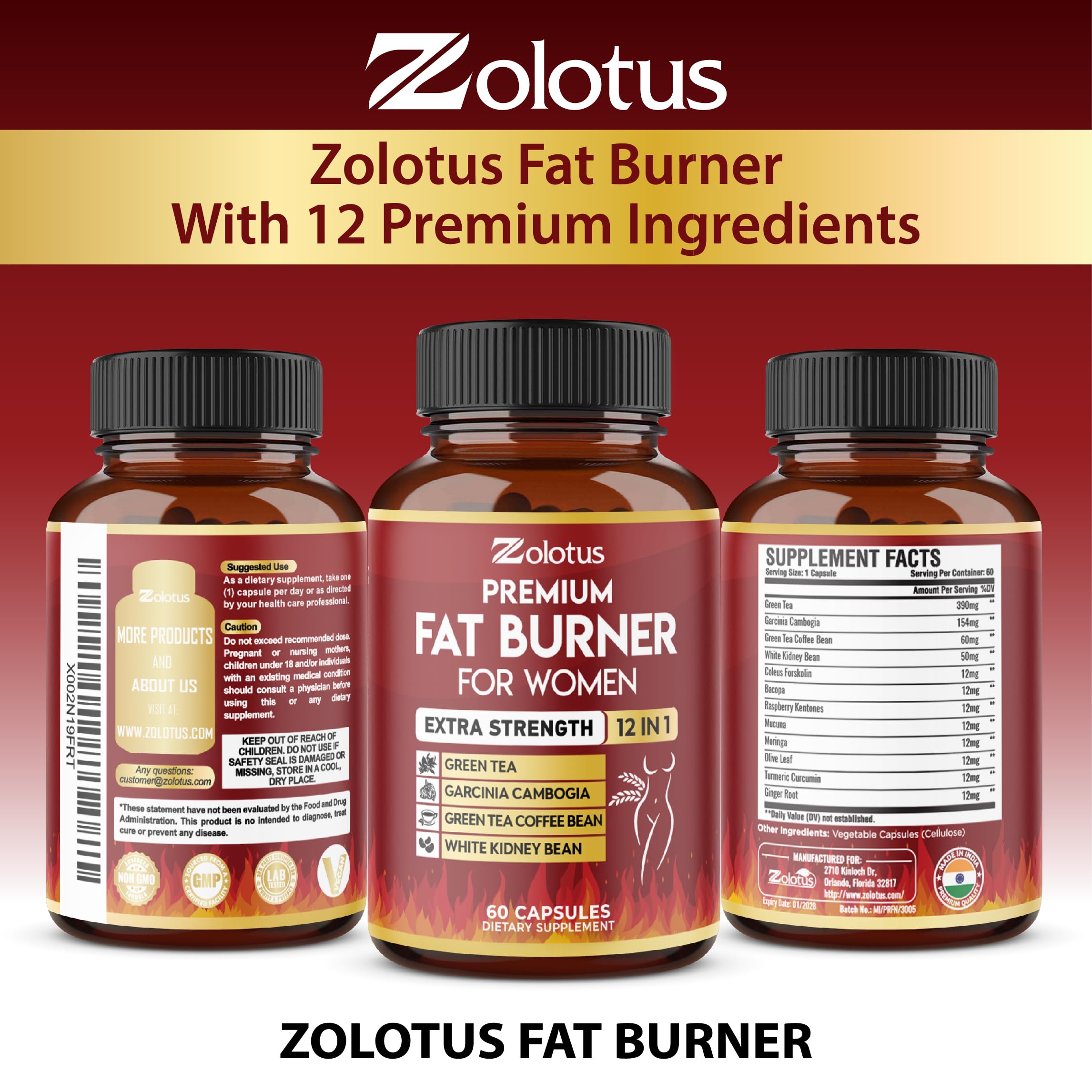 Zolotus Fat Burner Capsules showing a hand holding a capsule