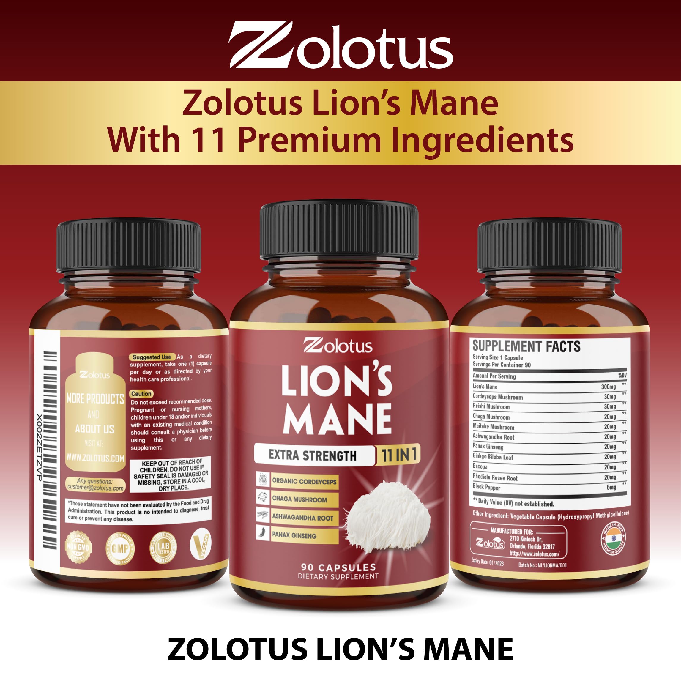 Zolotus Lion's Mane Mushroom Supplement capsules on a wooden table
