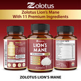 Zolotus Lion's Mane Mushroom Supplement capsules on a wooden table