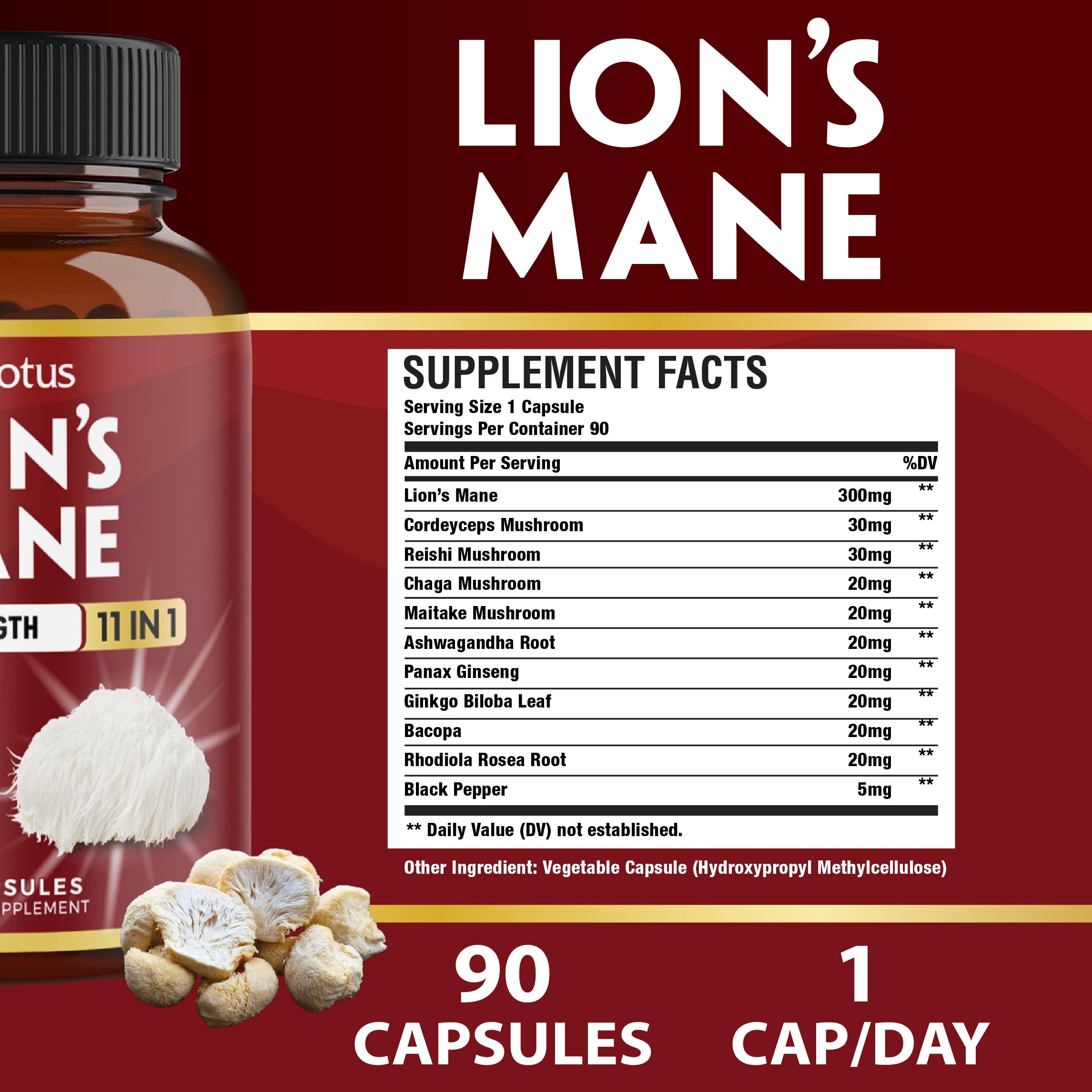 Zolotus Lion's Mane Mushroom Supplement side view showing capsule