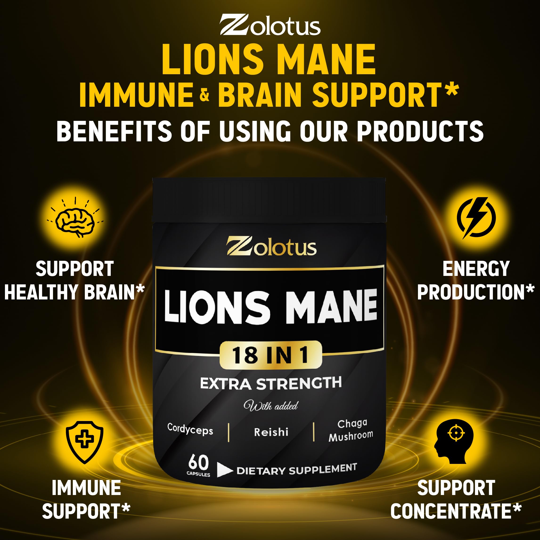 Zolotus Lions Mane Mushroom Supplement back view with nutritional information