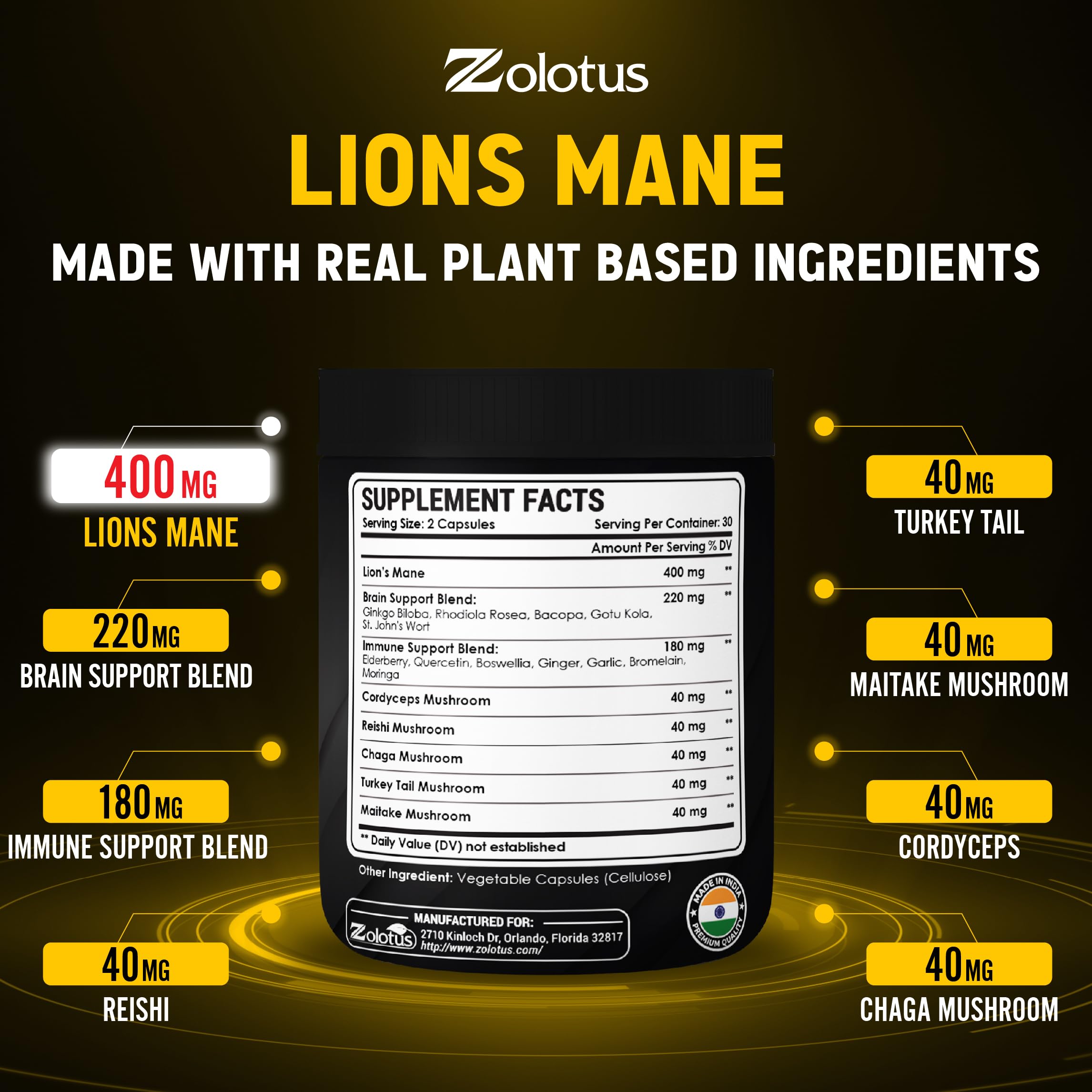 Zolotus Lions Mane Mushroom Supplement capsules on a wooden table
