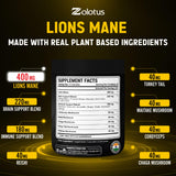 Zolotus Lions Mane Mushroom Supplement capsules on a wooden table