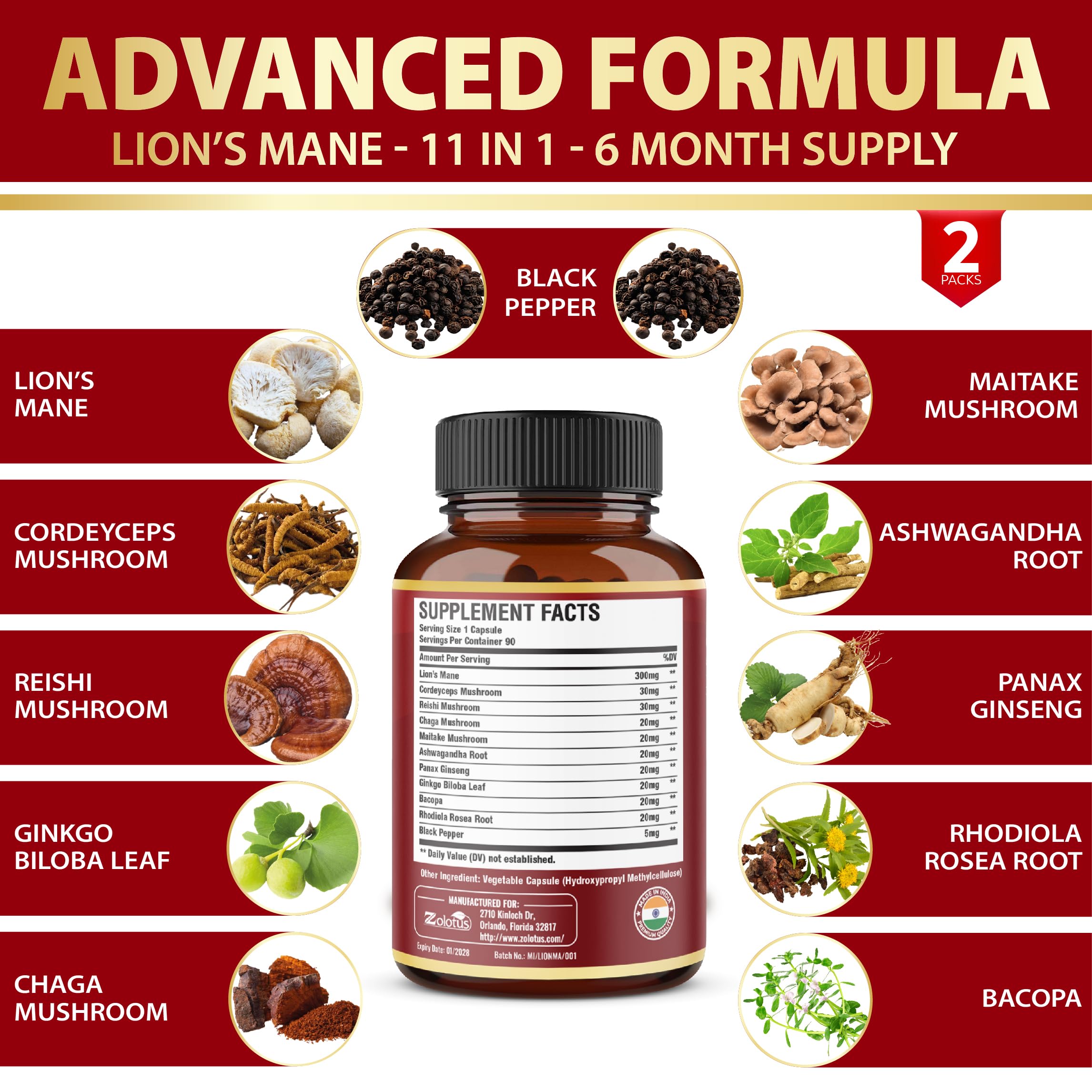 Zolotus Lions Mane Mushroom Supplement ingredients list
