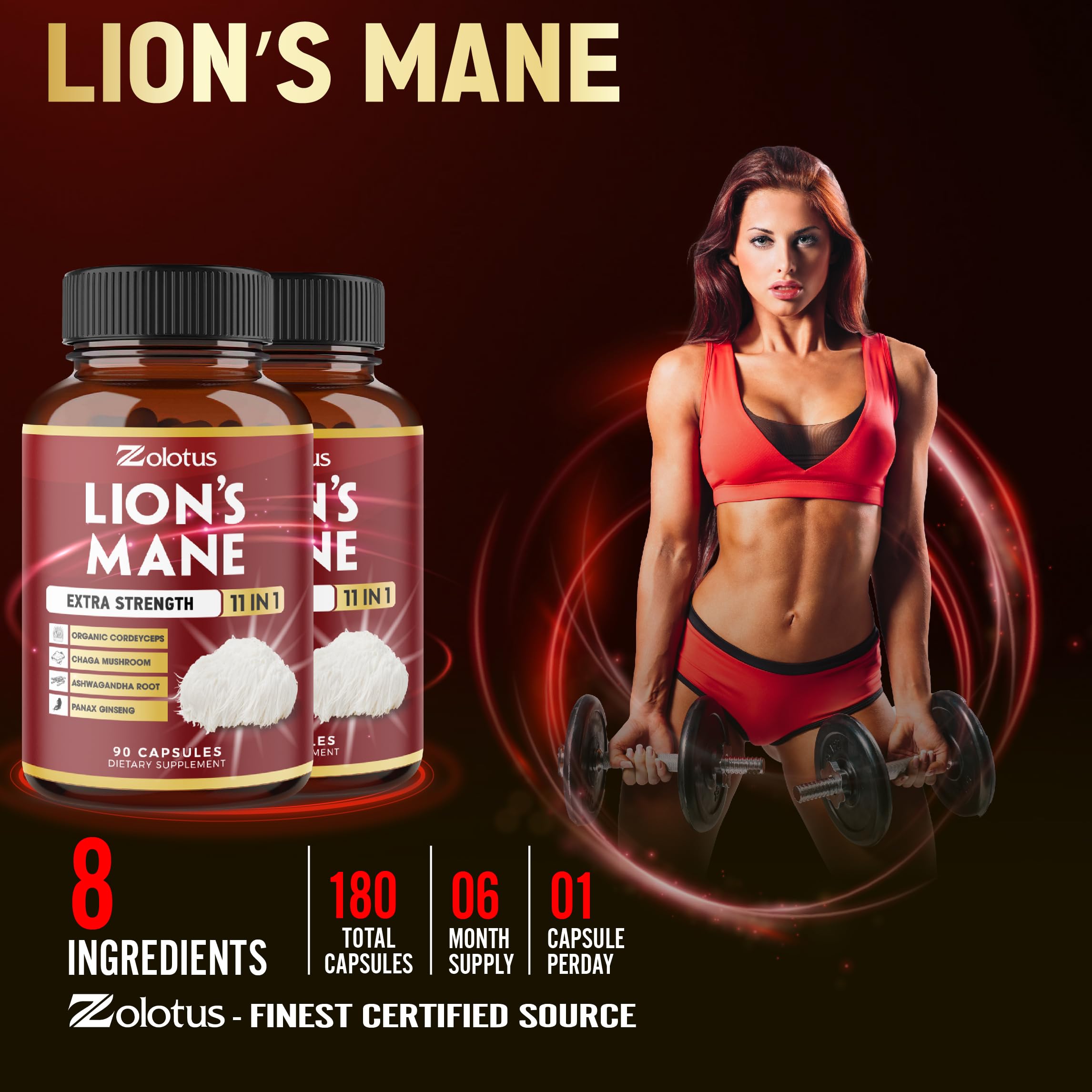 Zolotus Lions Mane Mushroom Supplement on a wooden table