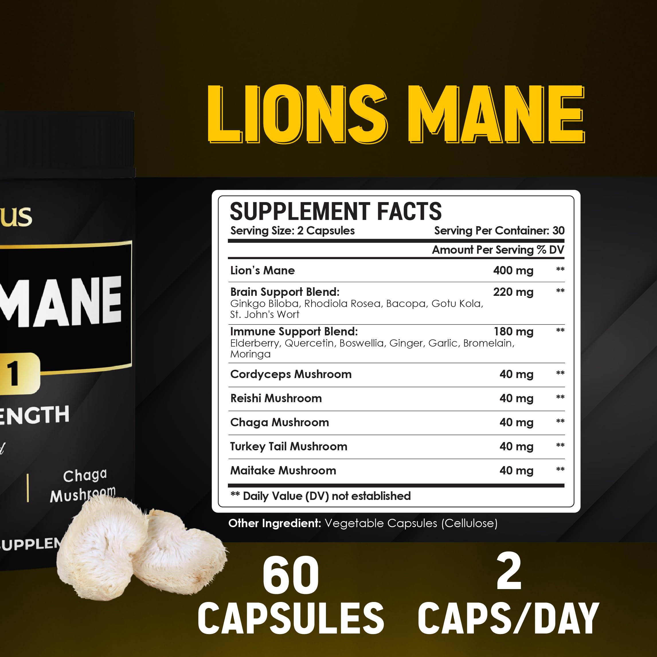 Zolotus Lions Mane Mushroom Supplement side view showing ingredients