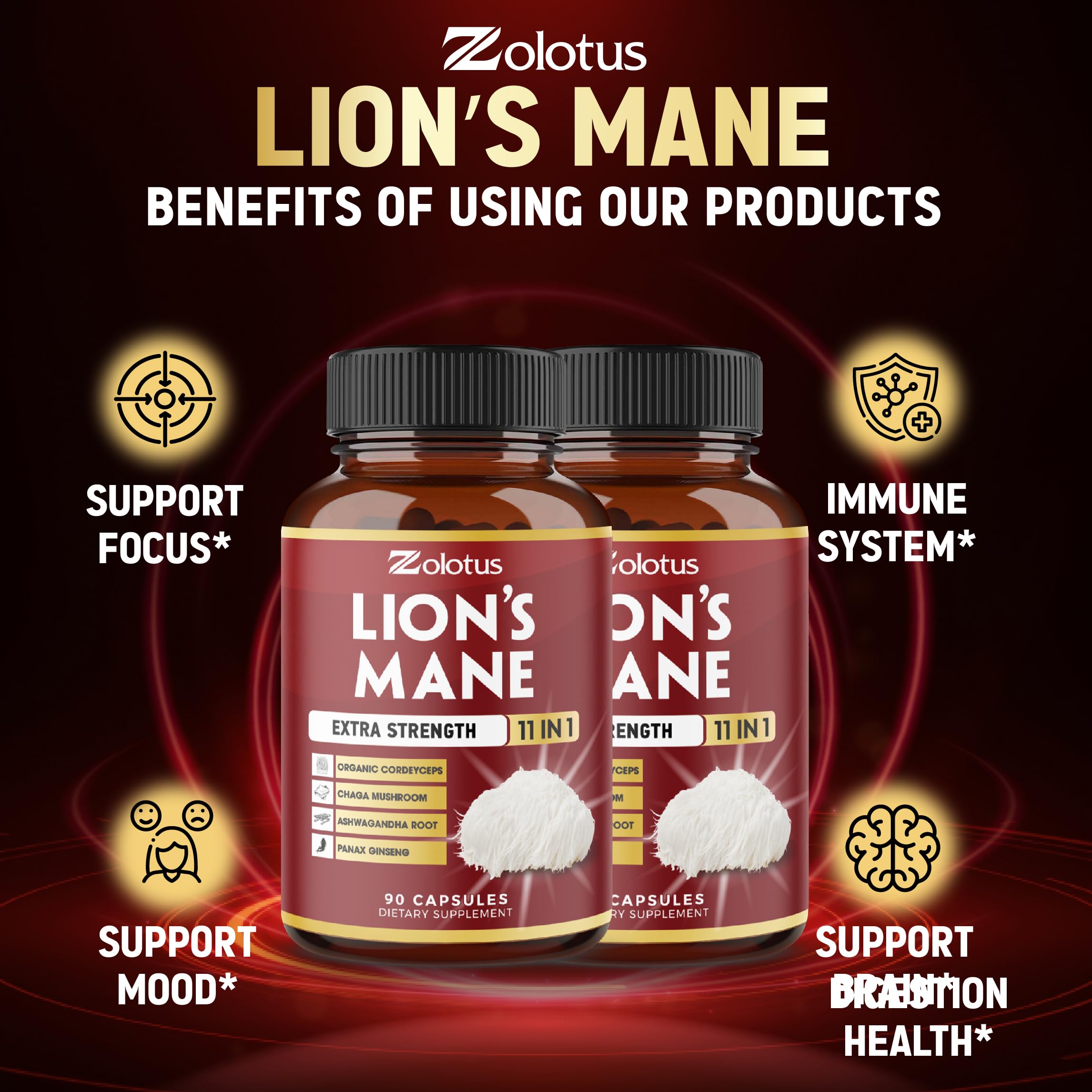 Zolotus Lions Mane Mushroom Supplement with a glass of water