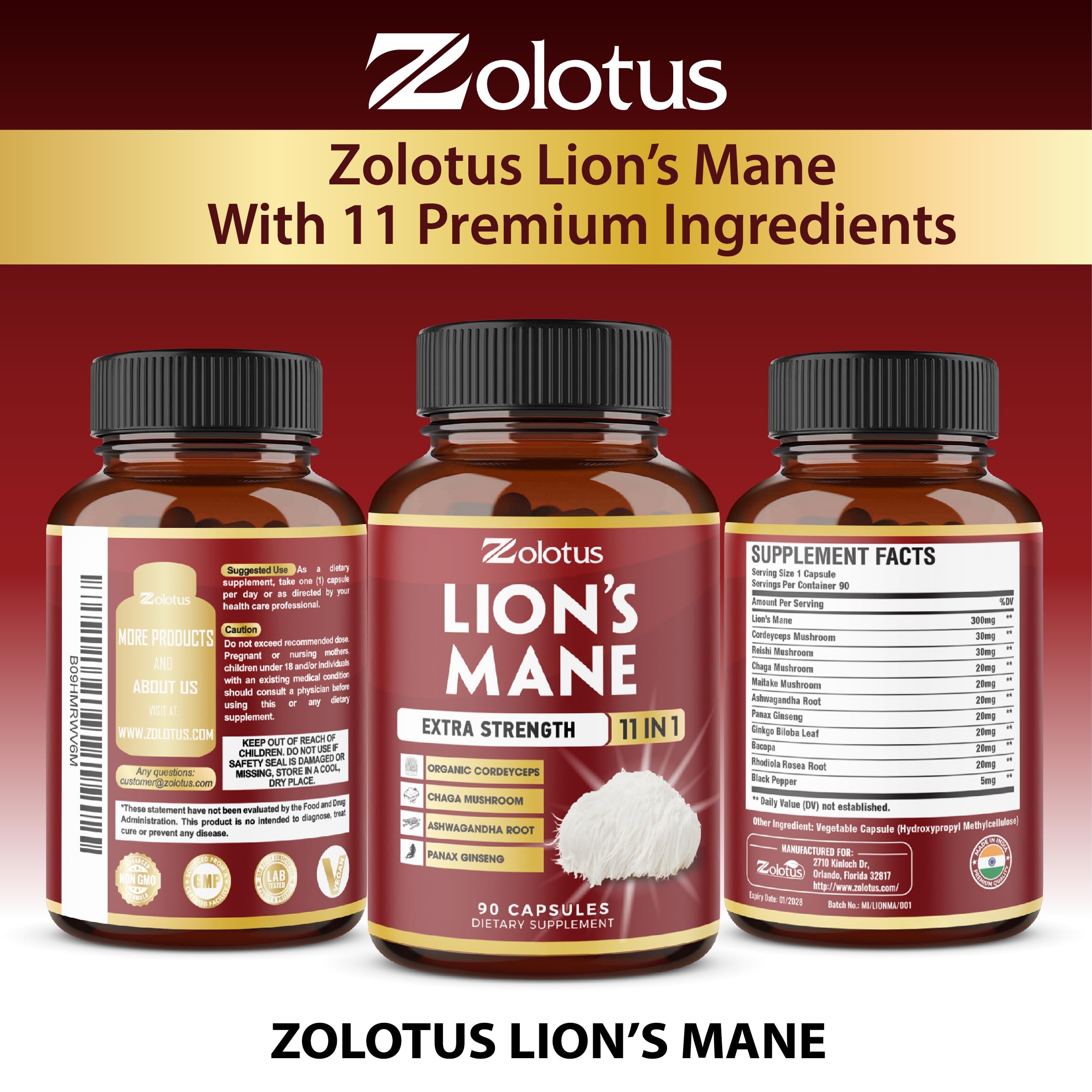 Zolotus Lions Mane Mushroom Supplement with herbal background