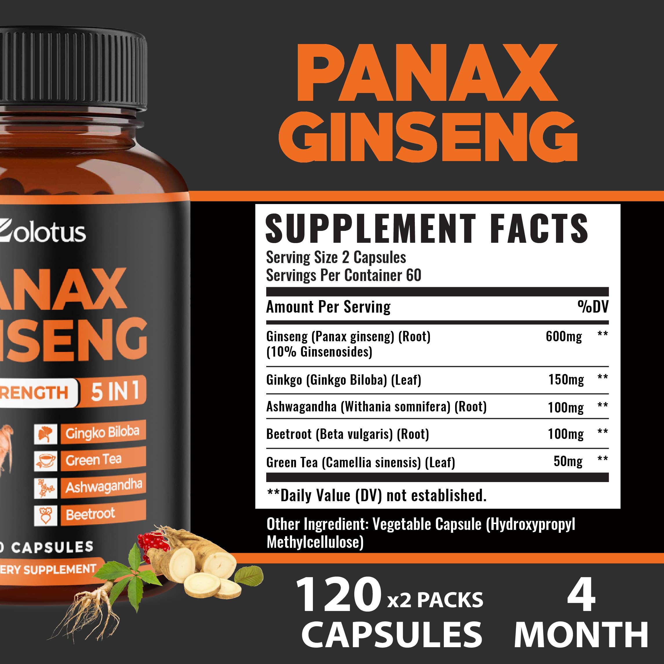 Zolotus Panax Ginseng Supplement side view showing capsule count