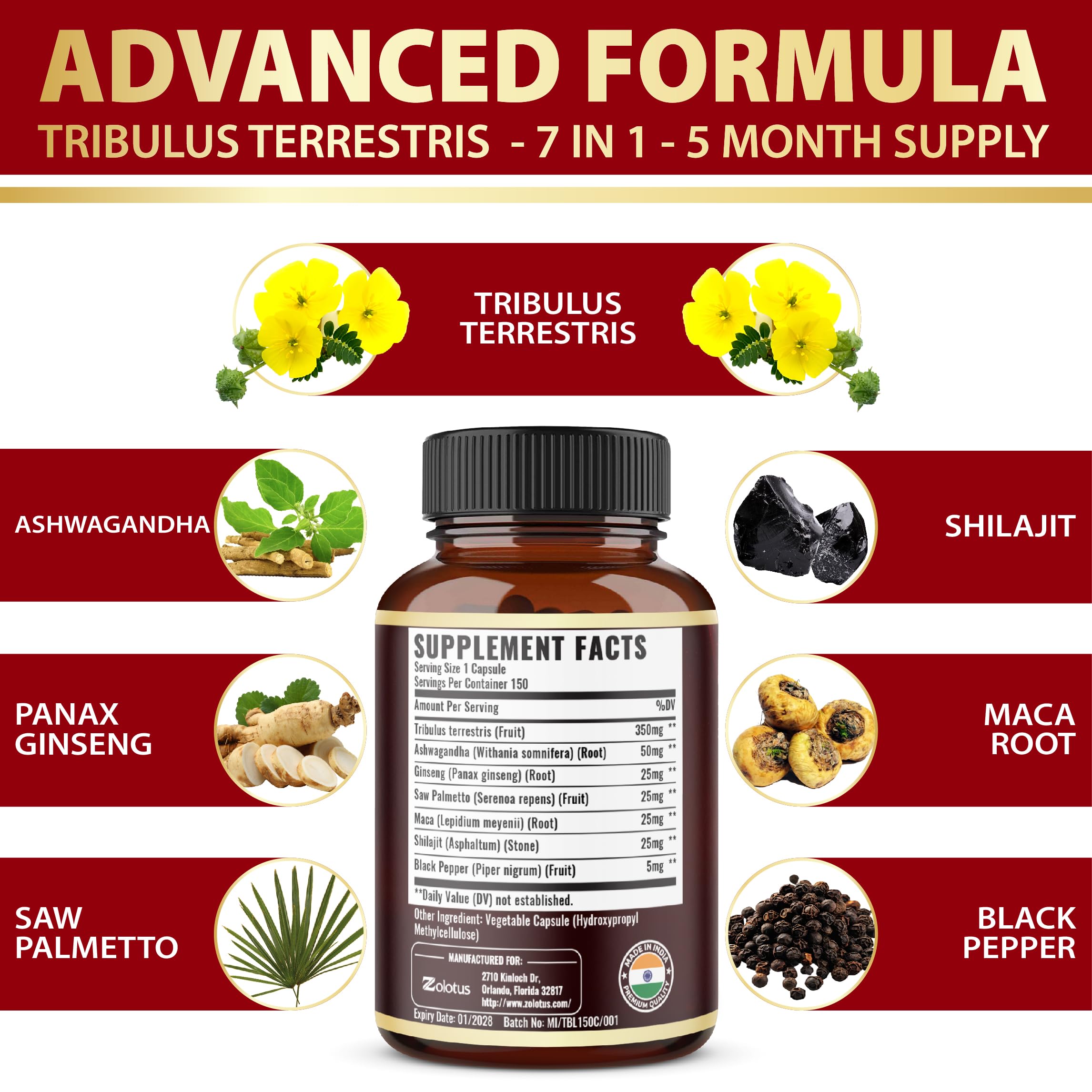 Zolotus Tribulus Terrestris Supplement ingredients list