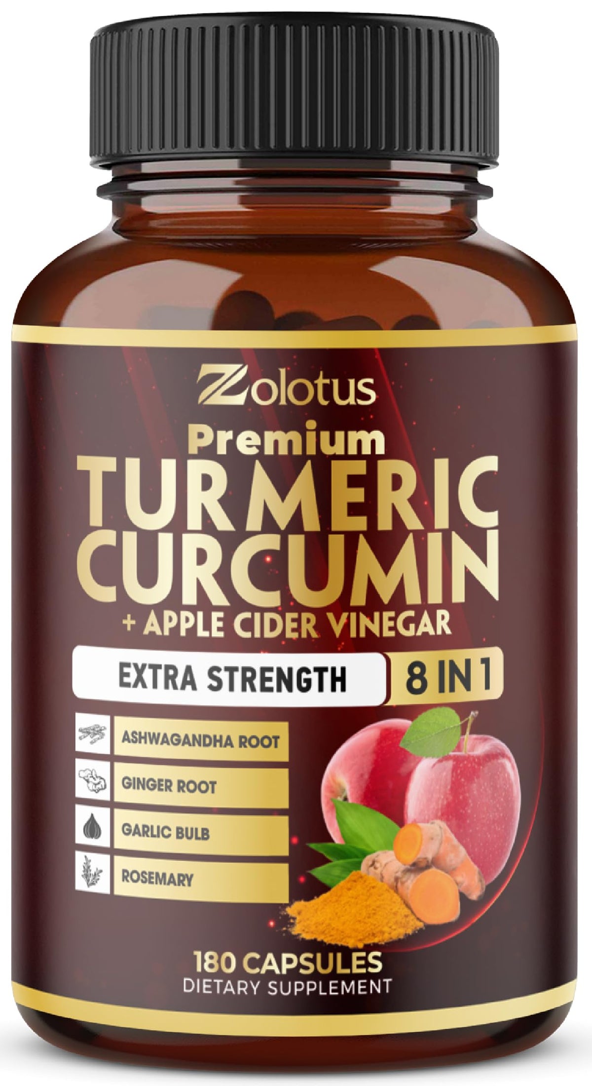 Zolotus Turmeric Curcumin Capsules 180 count front view