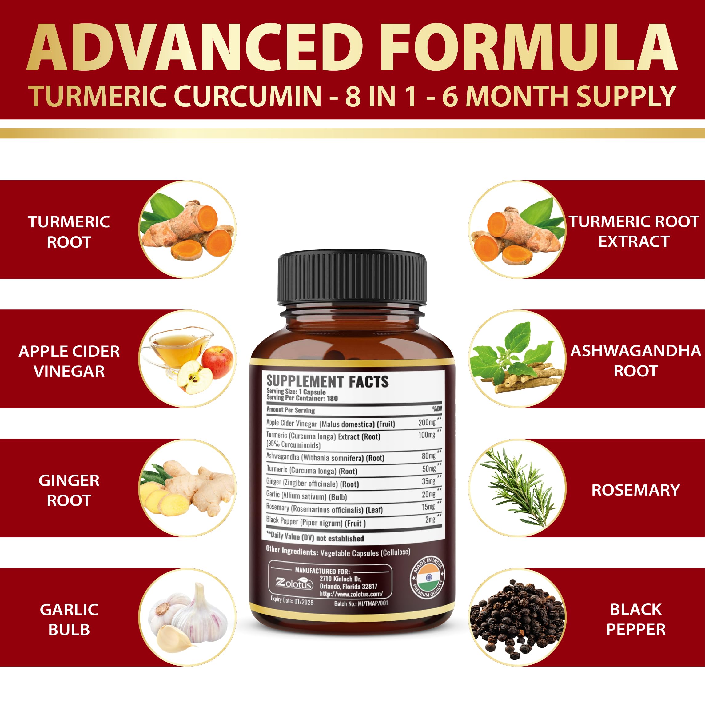 Zolotus Turmeric Curcumin Capsules back view with dosage