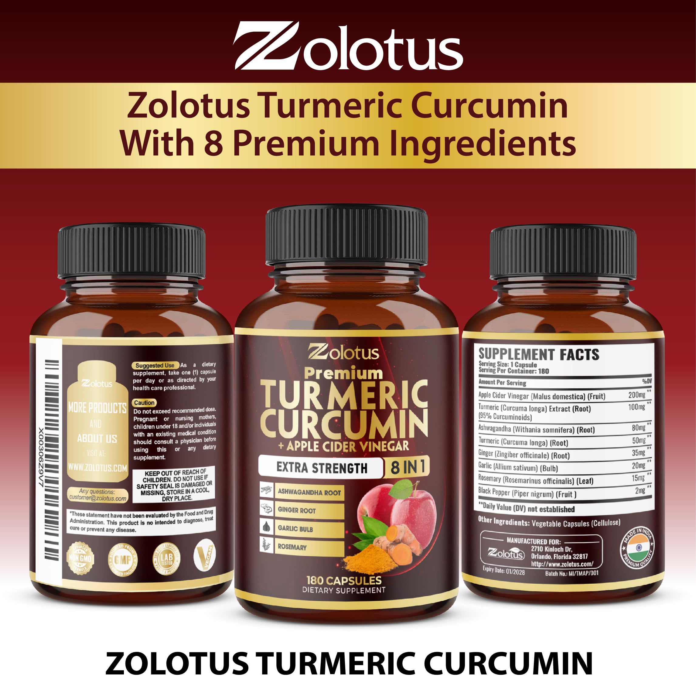 Zolotus Turmeric Curcumin Capsules displayed with herbs
