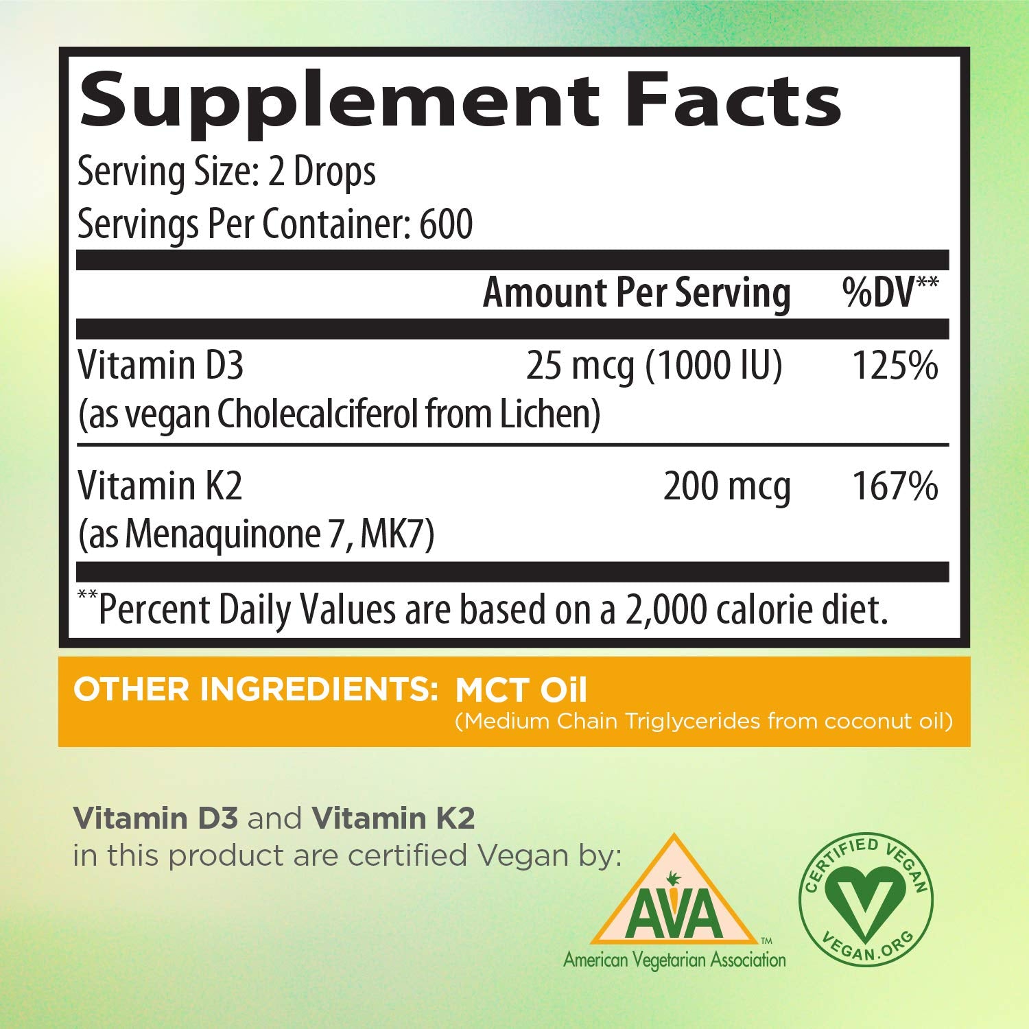 Zoomavit Vegan Vitamin D3 + K2 Drops nutritional information