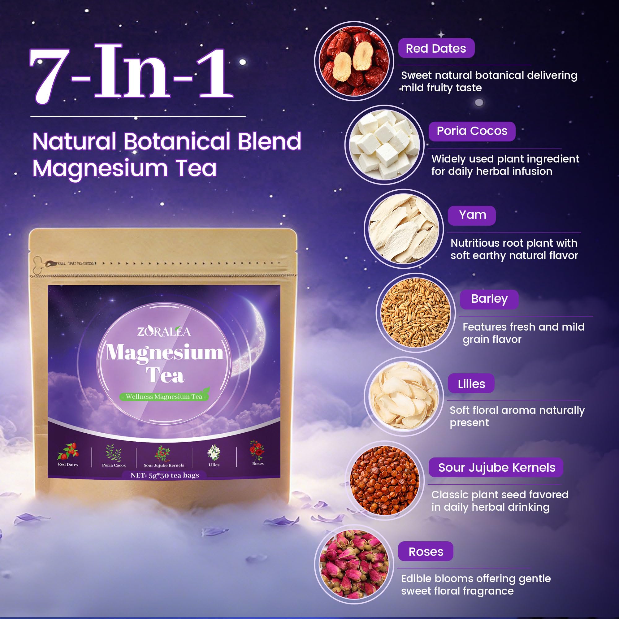ZORALEA Magnesium Tea Barley Tea Blend ingredients close-up