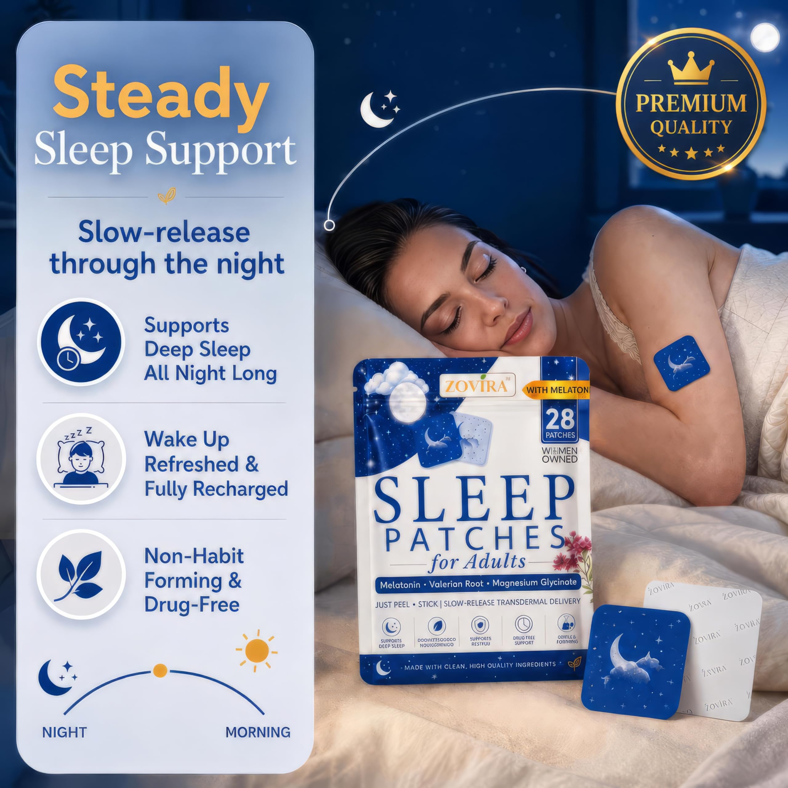 ZOVIRA Sleep Patch applied on forearm