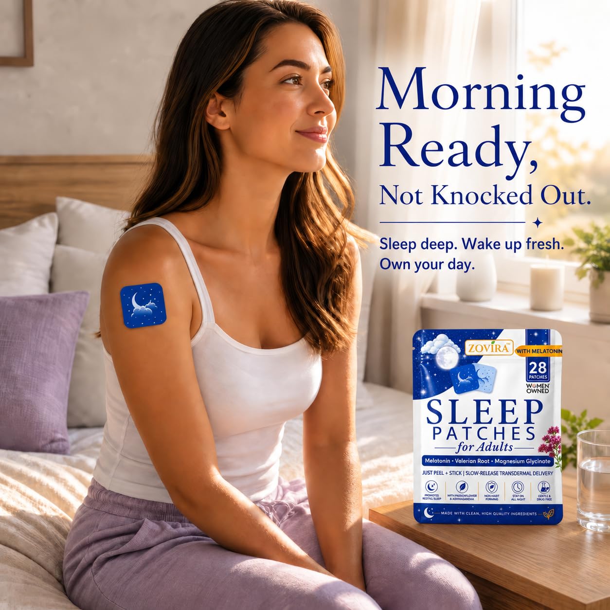 ZOVIRA Sleep Patches displayed on a table