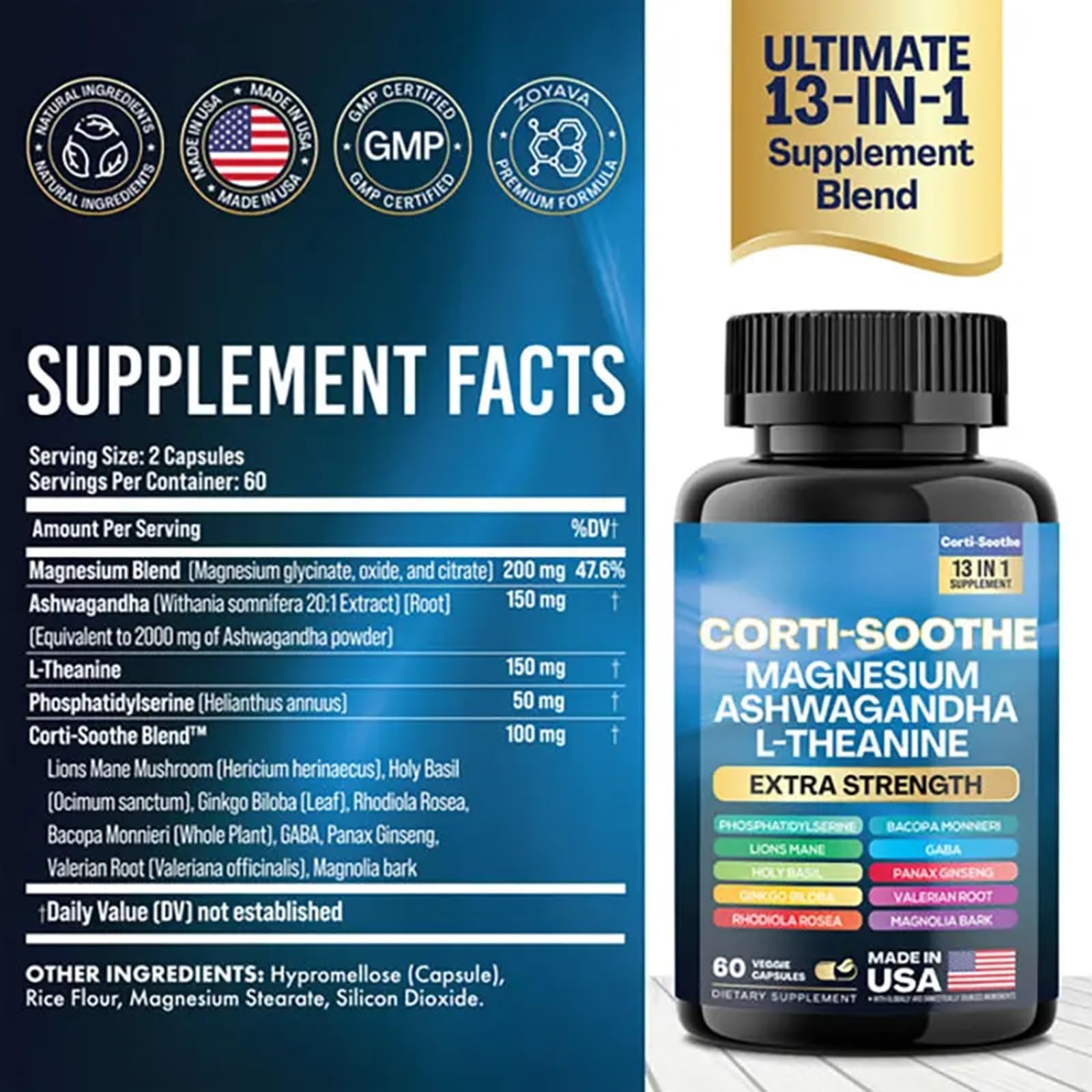 Zoyava Ashwagandha Supplement side view showing capsule details