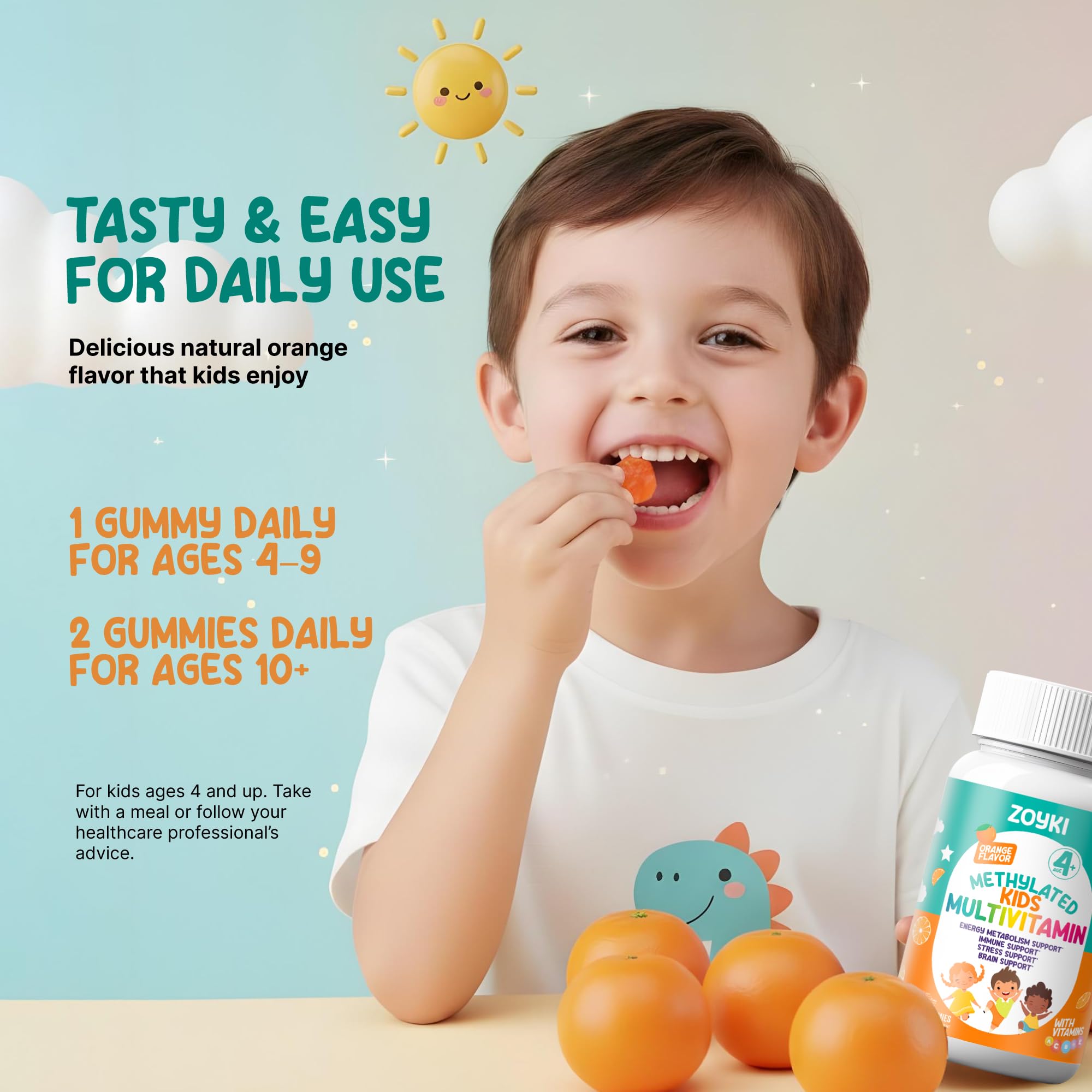 Zoyki Methylated Kids Multivitamin Gummies bottle with orange fruits