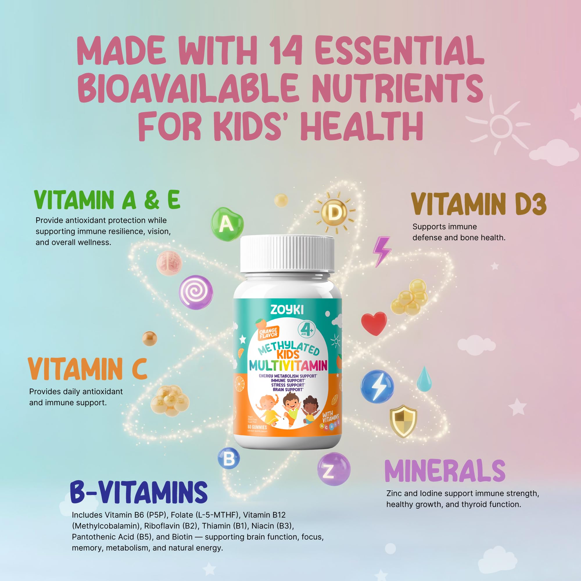 Zoyki Methylated Kids Multivitamin Gummies ingredients list on packaging