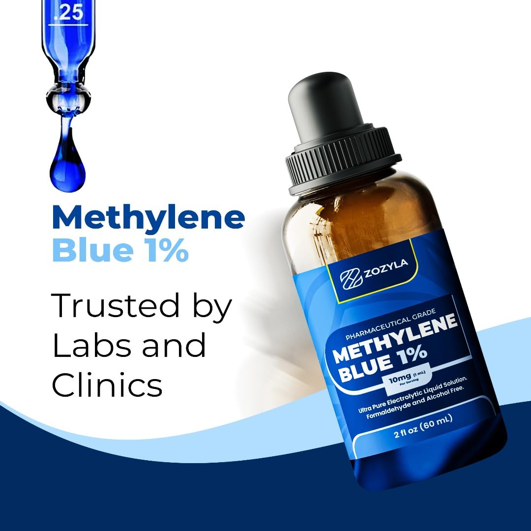 ZOZYLA Methylene Blue Supplement glass bottle in lifestyle setting