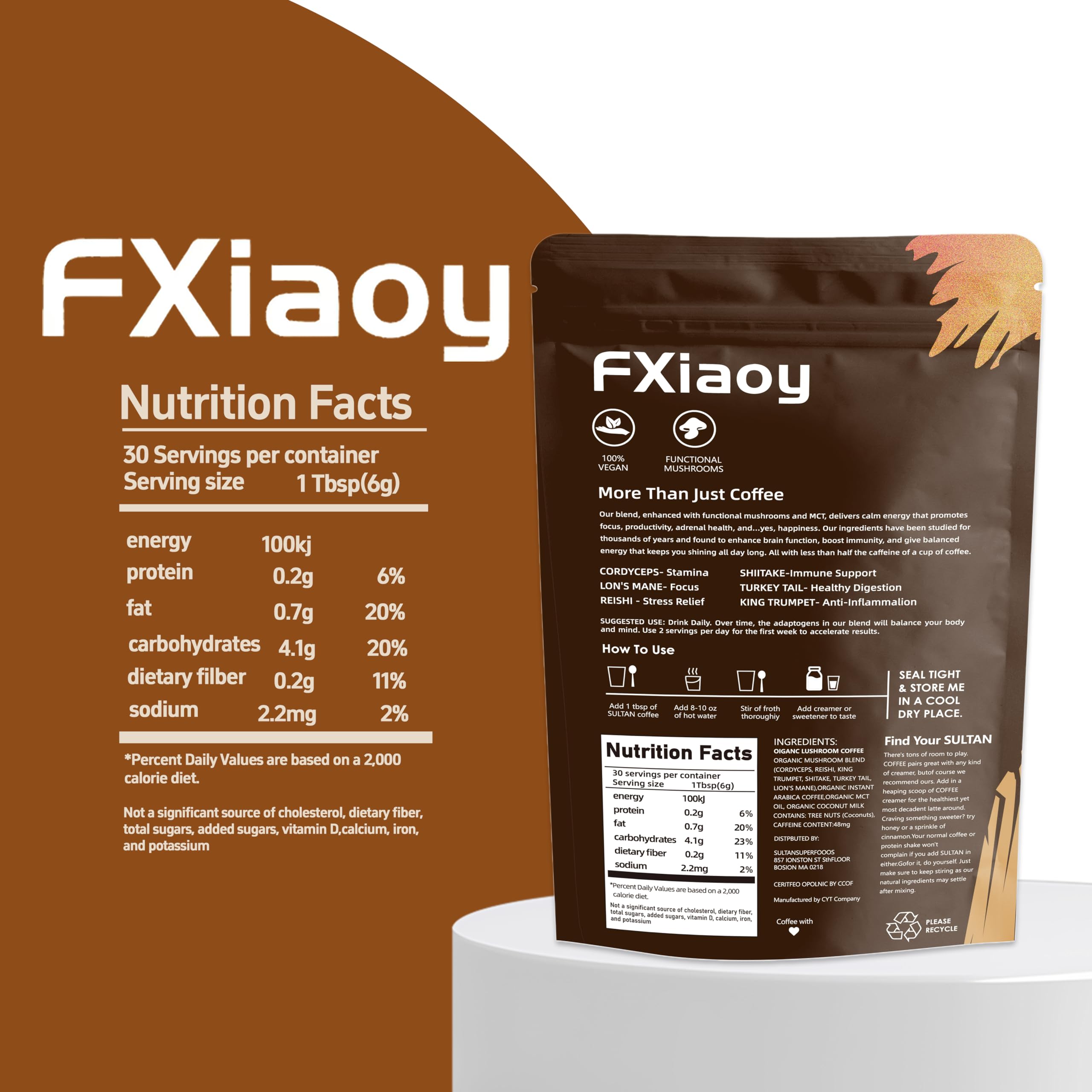ZREVSB Mushroom Coffee packaging with ingredients listed
