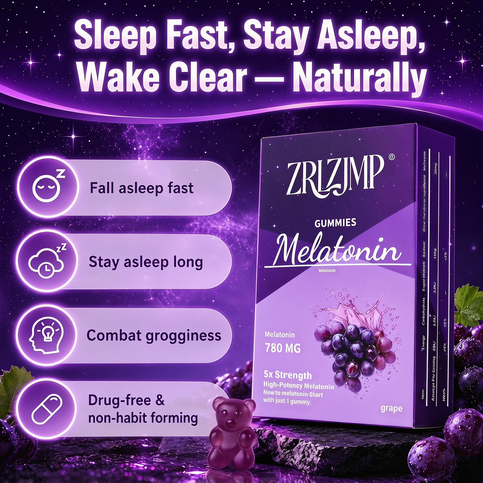 ZRLZJMP Melatonin Gummies grape flavour close-up