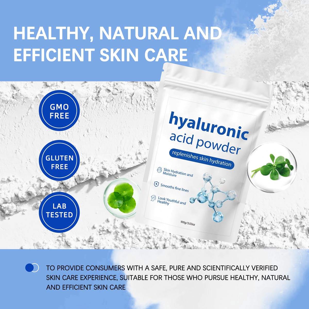 ZTSGU Hyaluronic Acid Powder 100g on a bathroom shelf