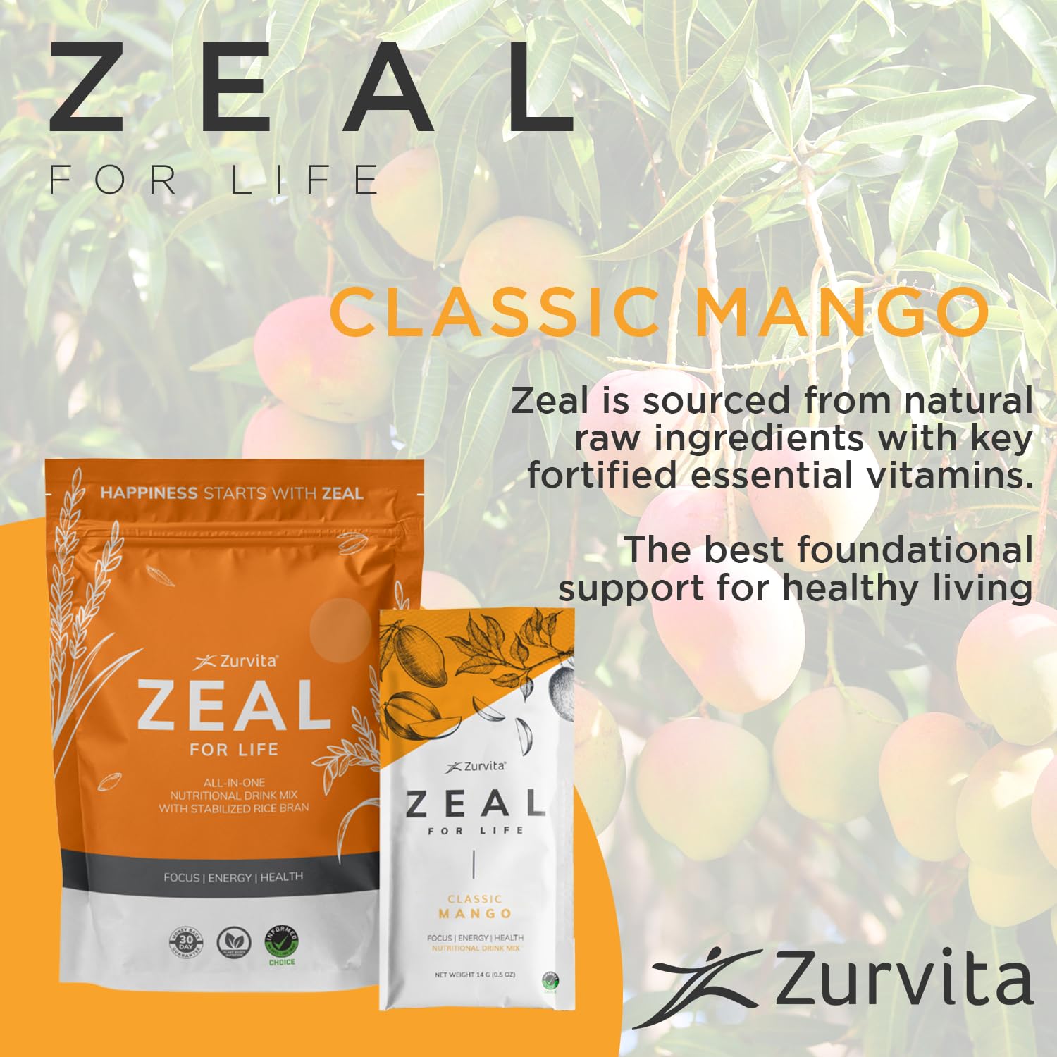 Zurvita Zeal for Life Classic Mango Nutritional Drink Mix in a glass with water