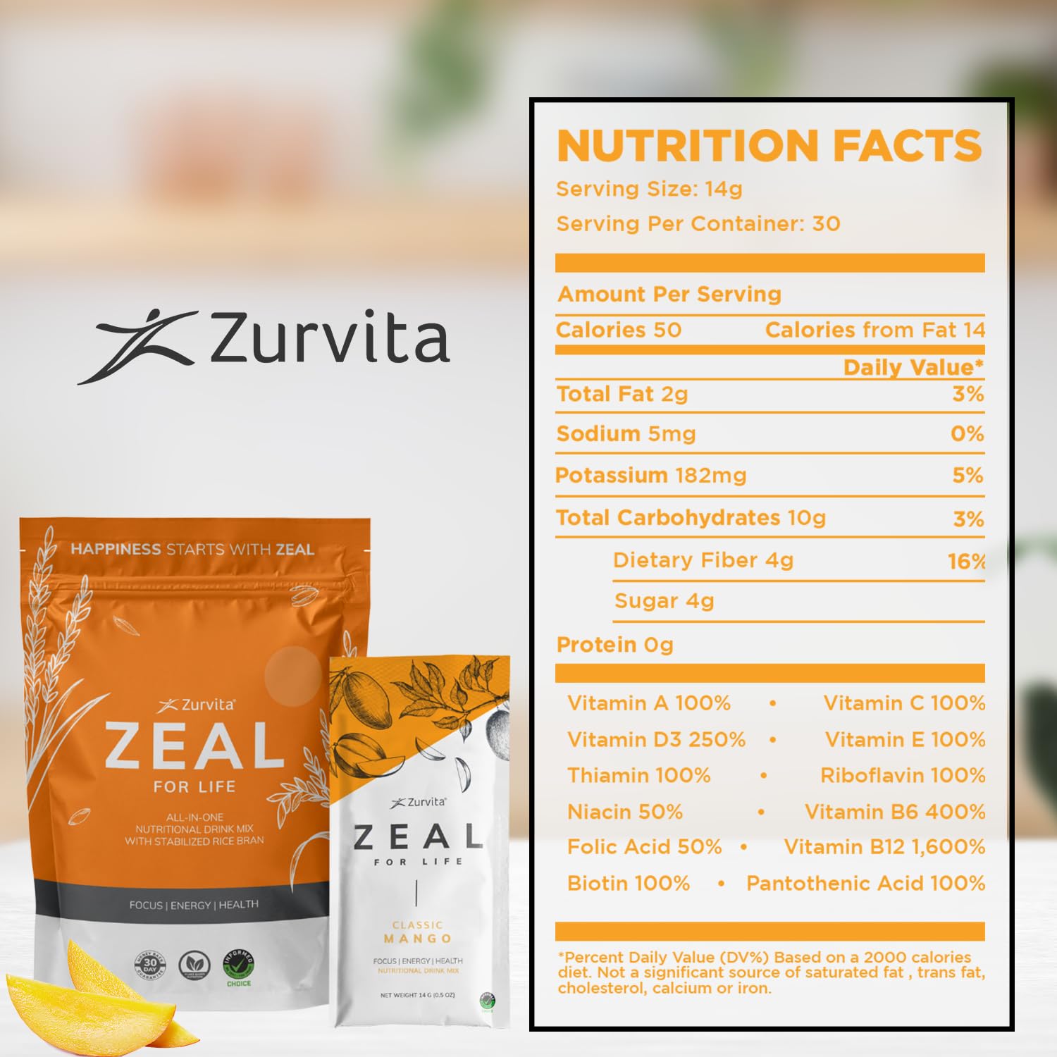 Zurvita Zeal for Life Classic Mango Nutritional Drink Mix scoop and powder