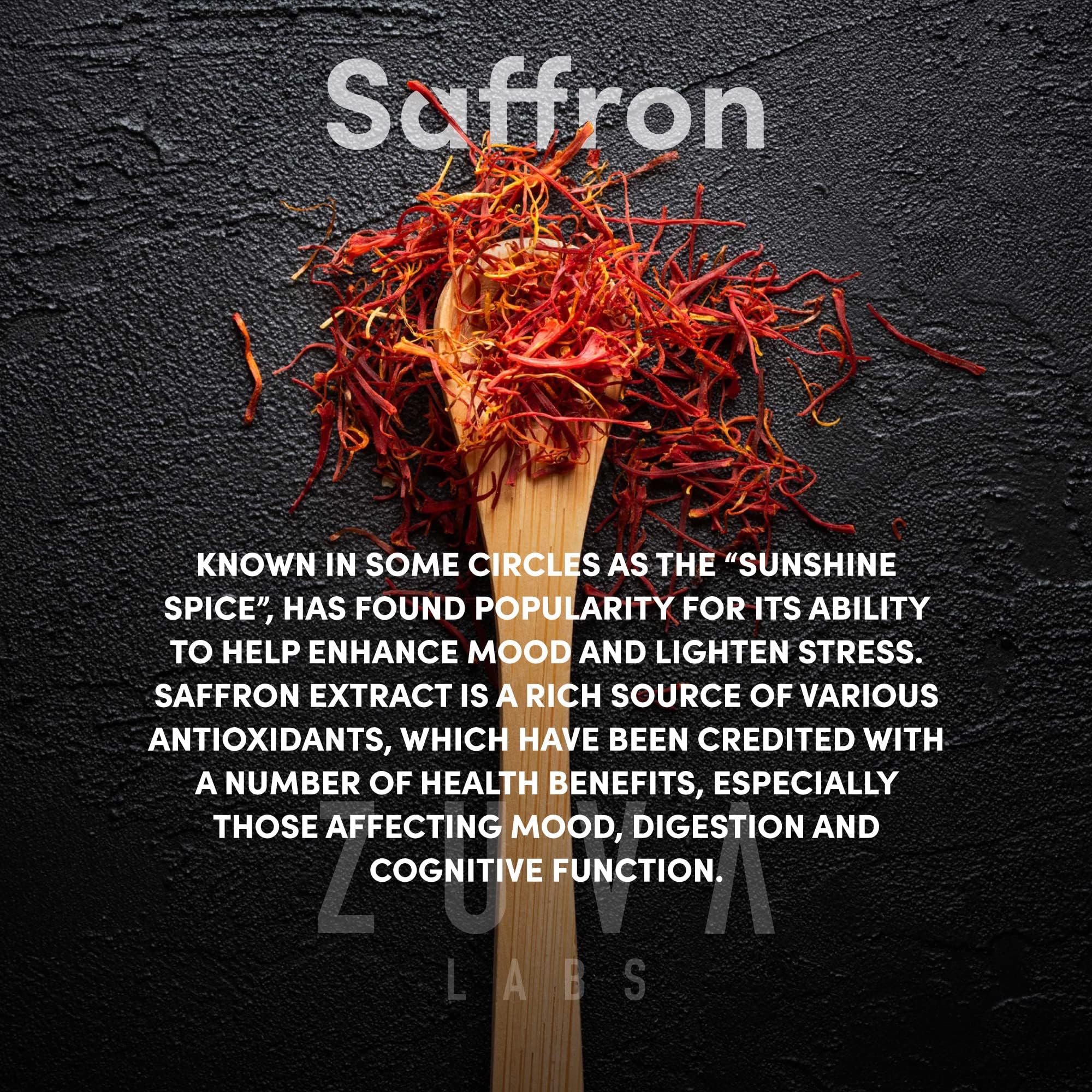 ZuvaLabs Saffron Extract Capsules side view with dosage information