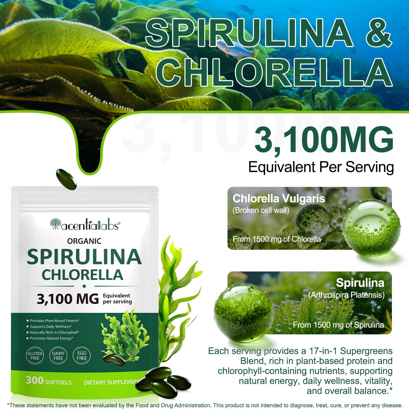 ZUZOKKAHA Chlorella Softgels back view with ingredient list