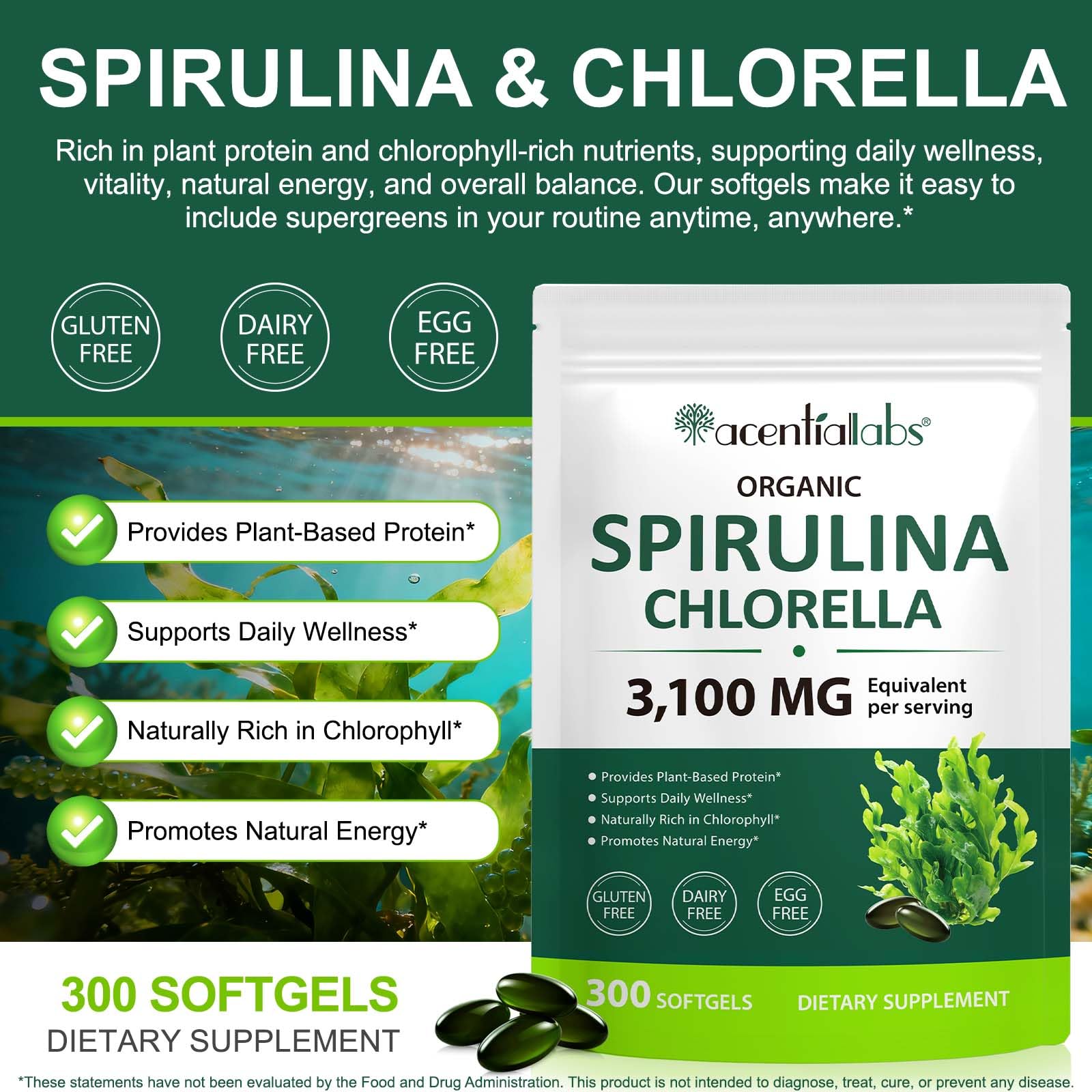 ZUZOKKAHA Chlorella Softgels side view showing softgel size