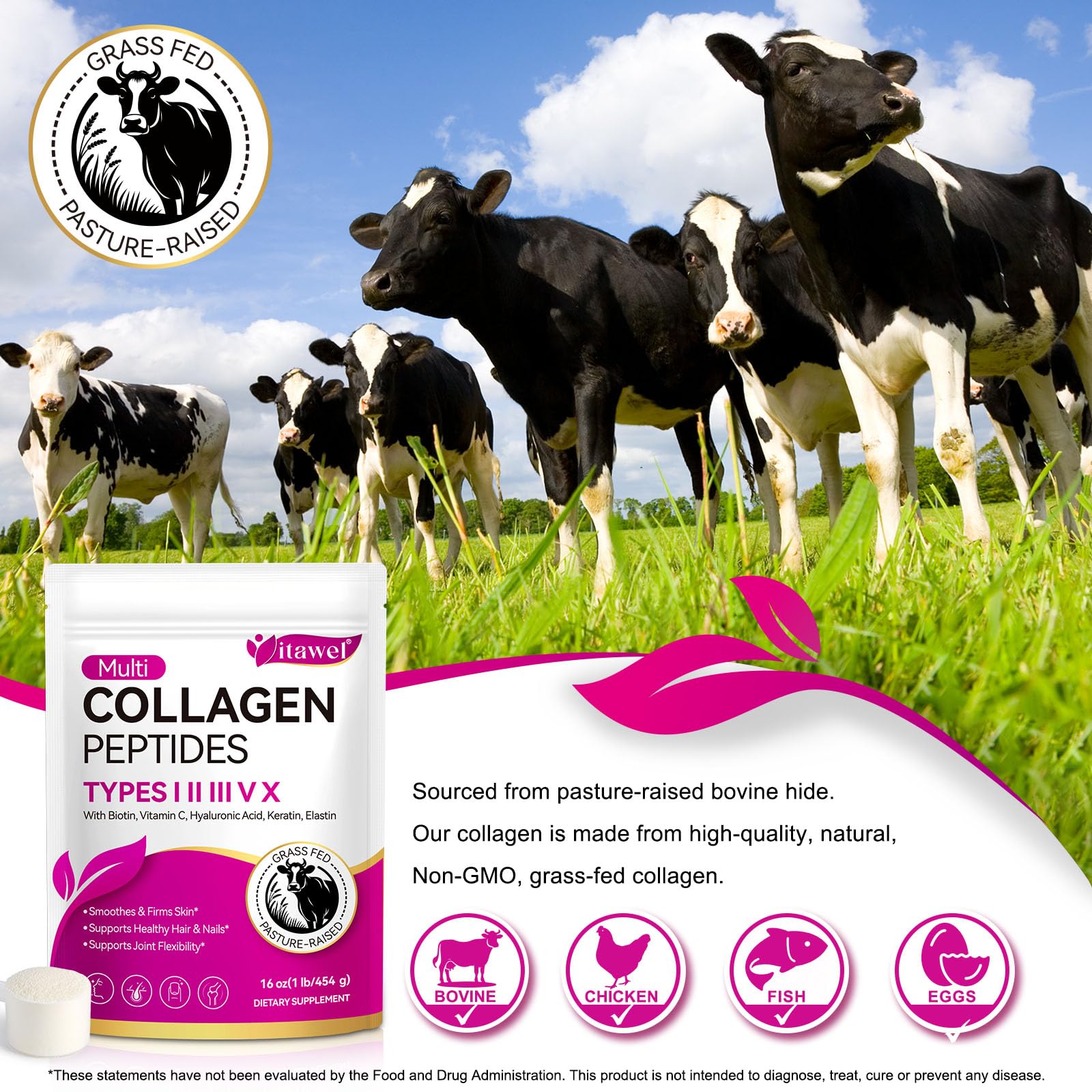 ZUZOKKAHA Multi Collagen Peptides Powder in a glass of water