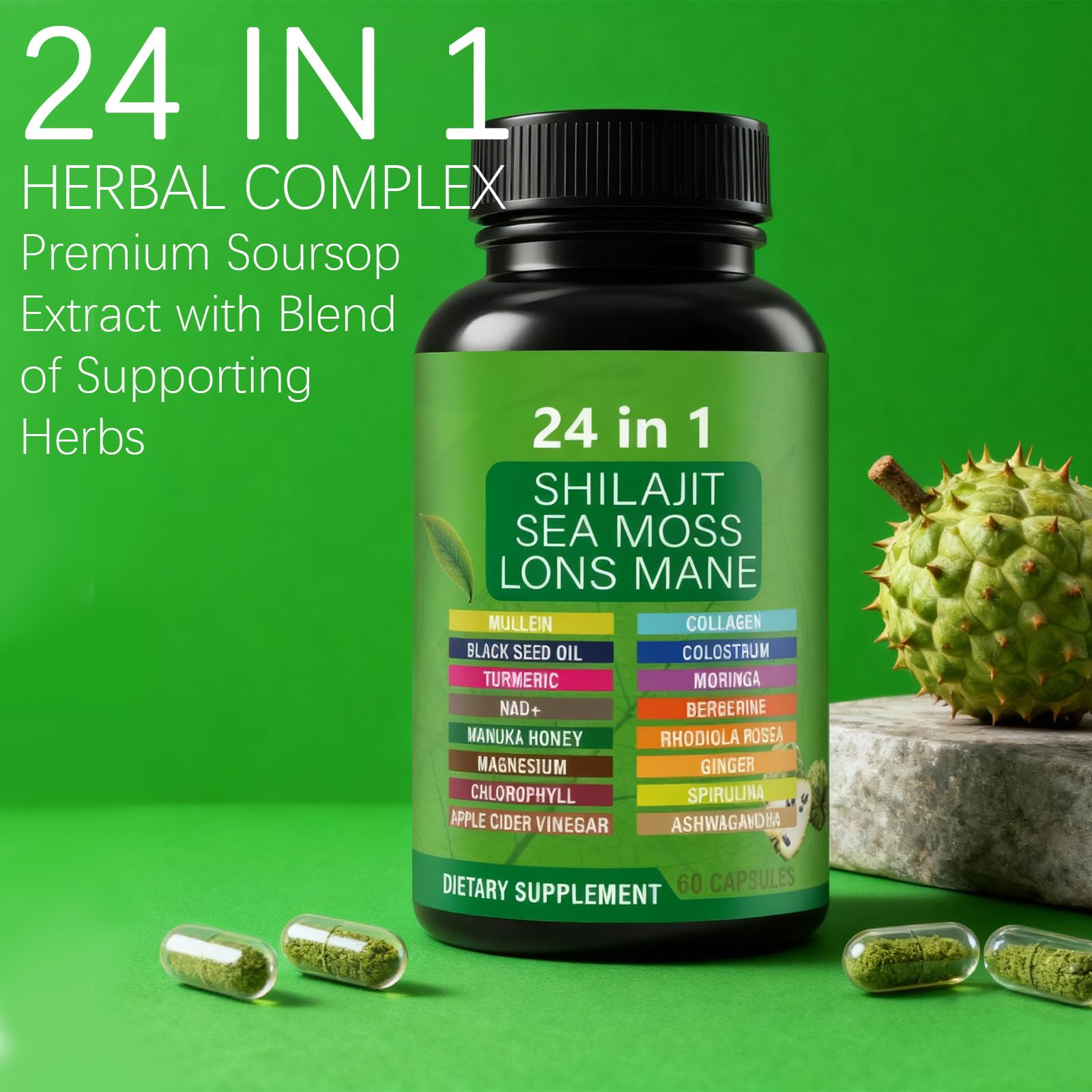 ZYGCDZ 24-in-1 Herbal Blend Supplement Capsules on a wooden table