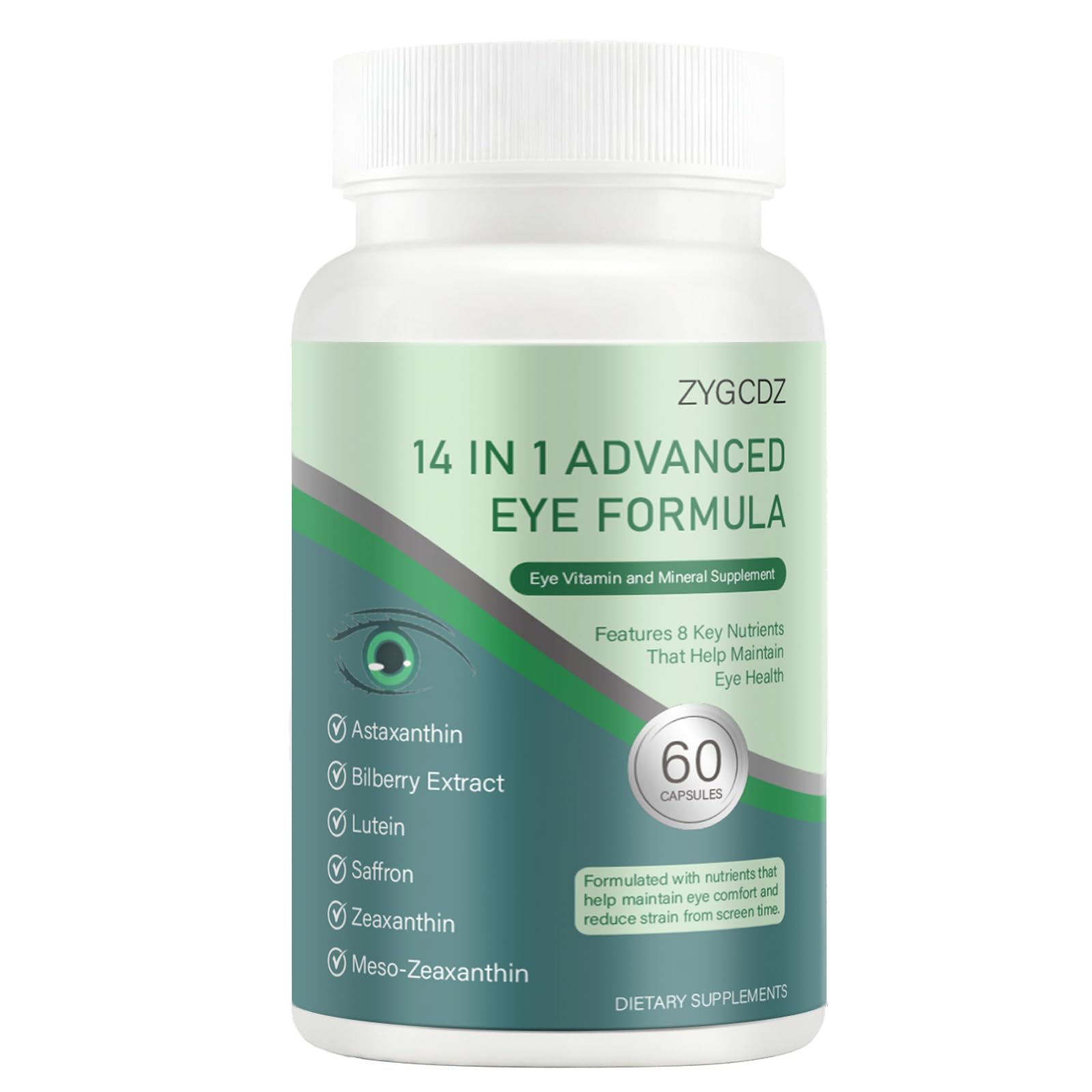 ZYGCDZ Eye Support Supplement displayed beside a laptop and glasses