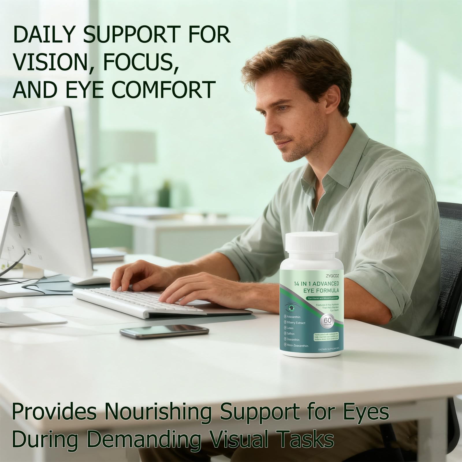 ZYGCDZ Eye Support Supplement packaging and contents on a clean surface