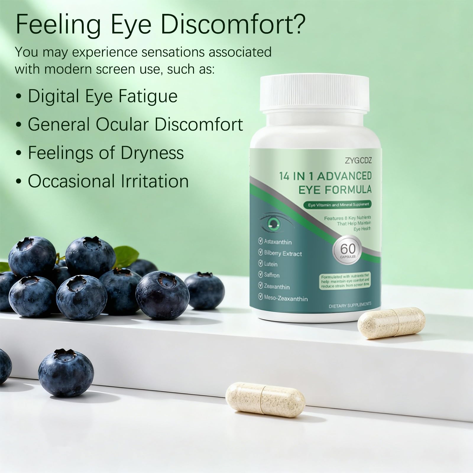ZYGCDZ Eye Support Supplement with capsules in a hand outdoors