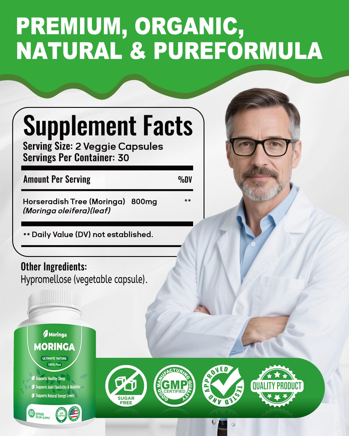 ZyliaVitaX Moringa Capsules 800mg bottle with water glass