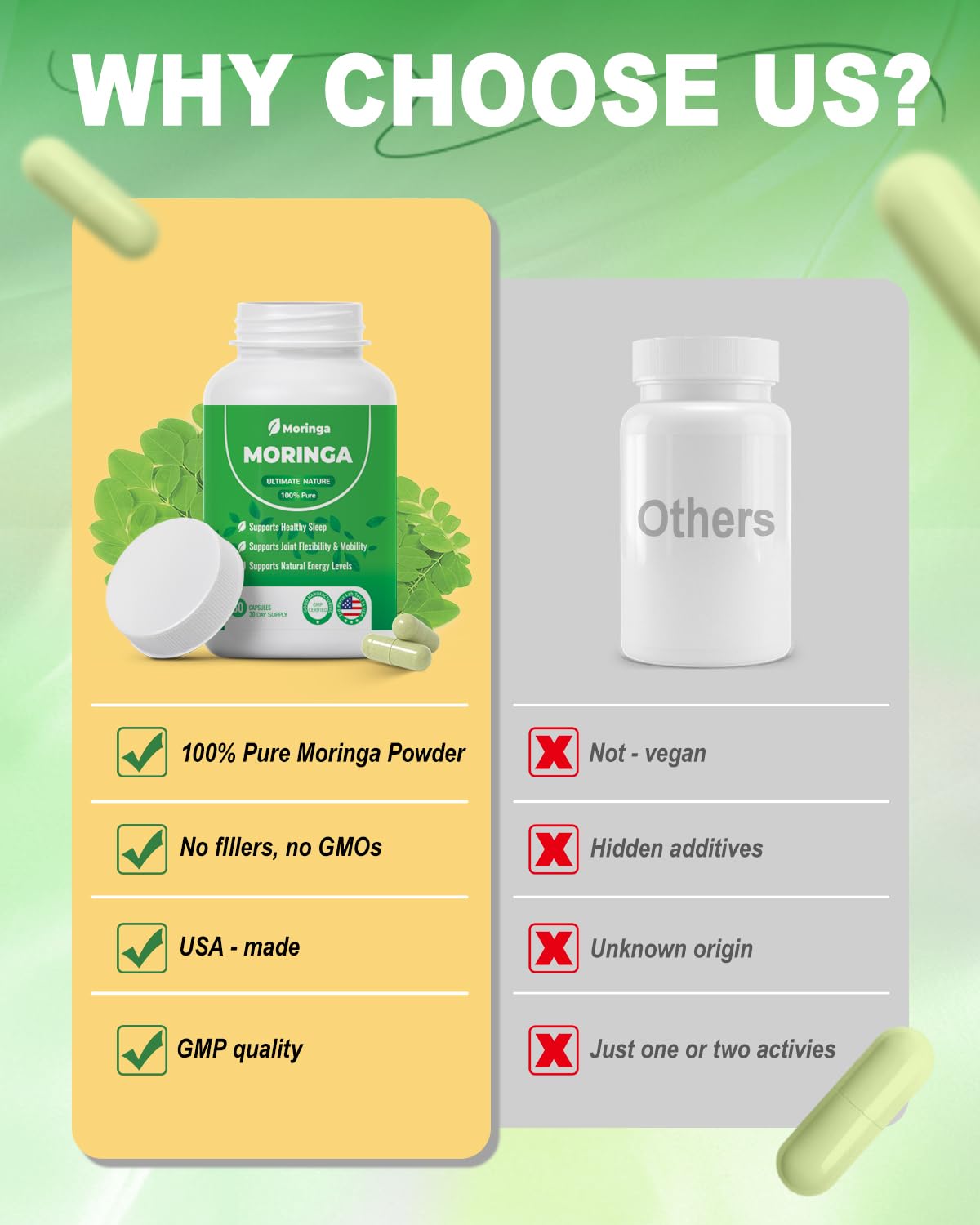 ZyliaVitaX Moringa Capsules 800mg displayed with fresh moringa leaves