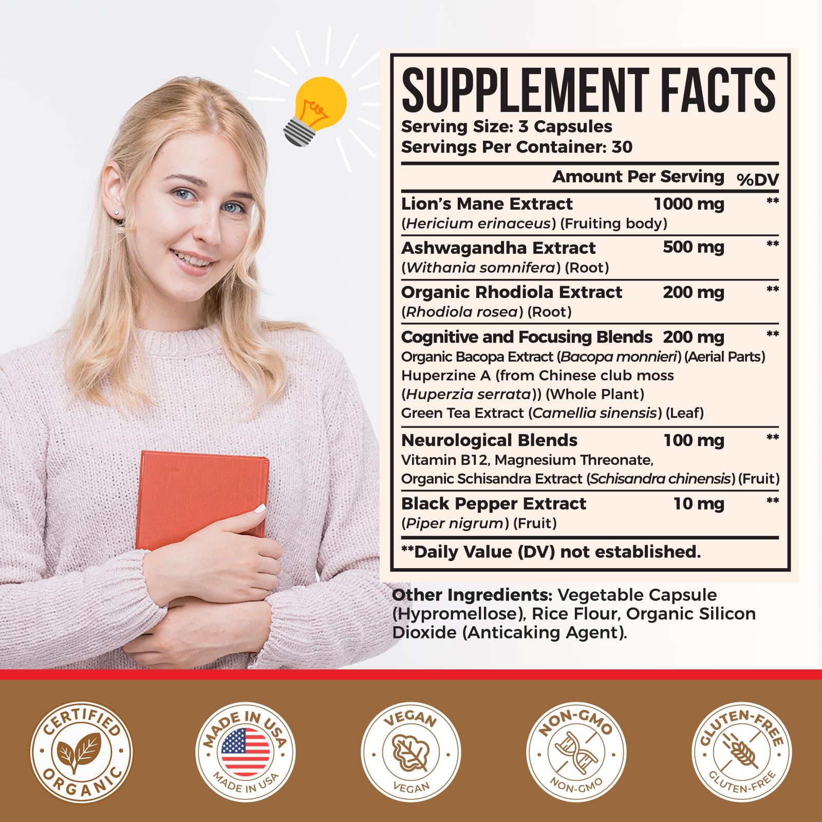 Zylvrax Lions Mane & Ashwagandha Supplement capsules on a table