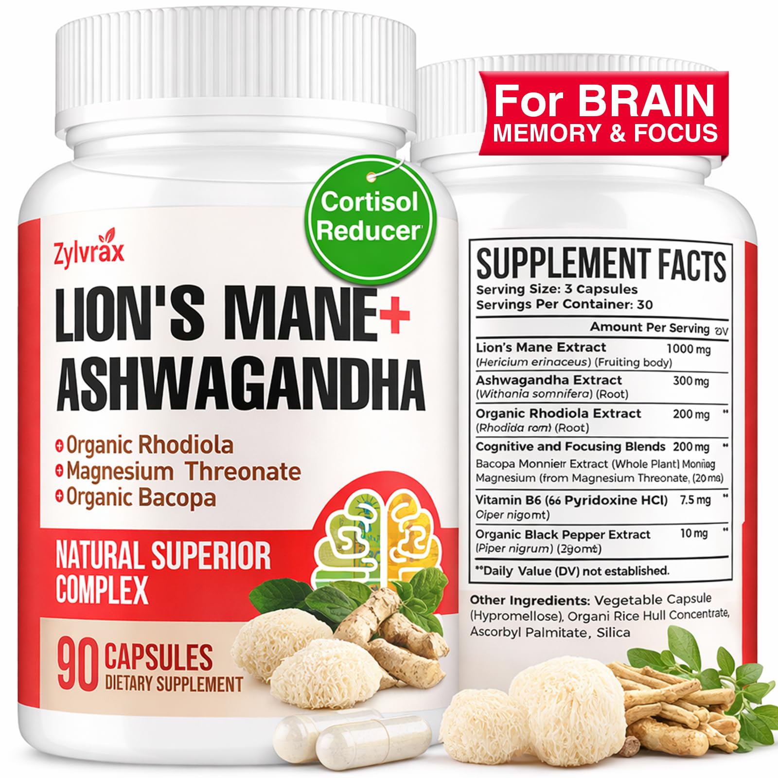 Zylvrax Lions Mane & Ashwagandha Supplement front view